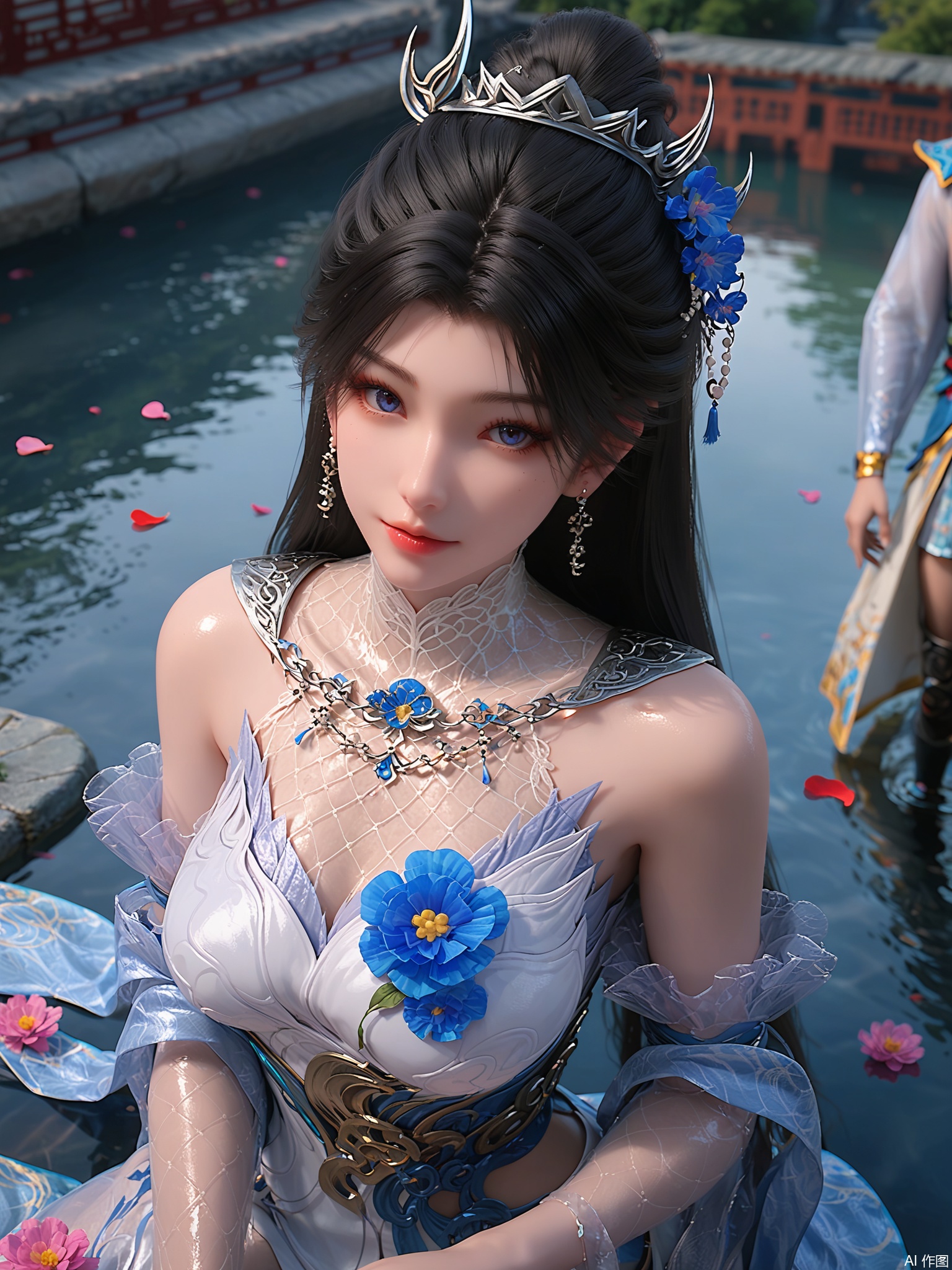 score_9,score_8_up,score_7_up,1girl,looking_at_viewer,realistic,1girl,Vivid Colors,bright environment,delicate water,hair_ornament,shiny skin,shiny hair,reflection,(wariza:1.2),dress,jewelry,flower sea,falling petals,extreme detail description,(upper body:0.4),put one hand on your side,long_hair,(skindentation:1.3),Fishnet stockings,bright,sunshine on face,chinese_clothes,white dress