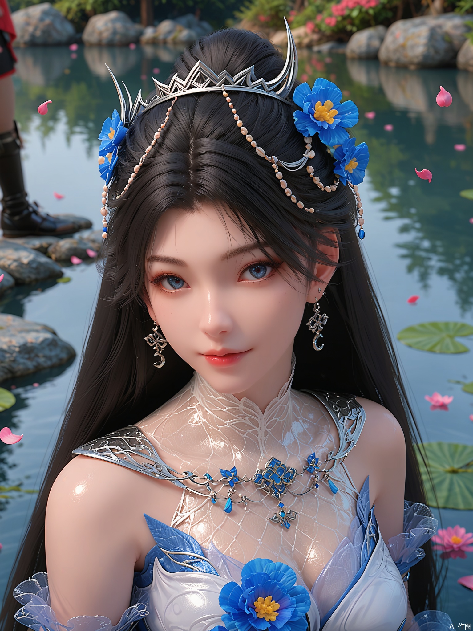 score_9,score_8_up,score_7_up,1girl,looking_at_viewer,realistic,1girl,Vivid Colors,bright environment,delicate water,hair_ornament,shiny skin,shiny hair,reflection,(wariza:1.2),dress,jewelry,flower sea,falling petals,extreme detail description,(upper body:0.4),put one hand on your side,long_hair,(skindentation:1.3),Fishnet stockings,bright,sunshine on face,chinese_clothes,