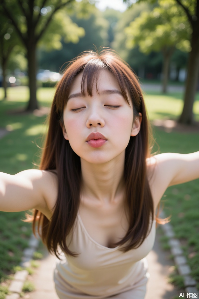 girl in a small park, She gazes off-camera with her eyes closed, puckered lips, and arms stretched out to both sides. Framed by lush greenery, the shot captures her intimate pose with a 105mm lens on D850 camera at F16 aperture, blending hard and soft light for a crisp and detailed image.