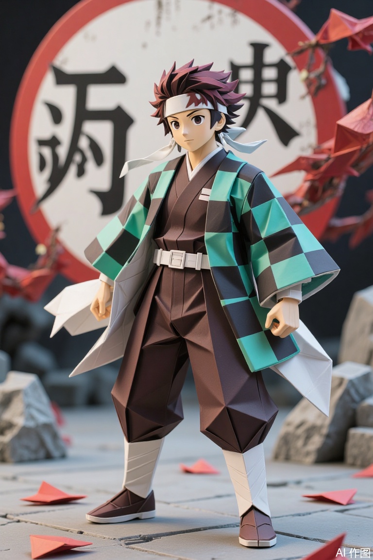 The image depicts a character standing in a dynamic pose, wearing a traditional Japanese kimono with a geometric pattern. The kimono is primarily green and black, with a white belt and brown pants. The character has spiky, reddish-brown hair and is adorned with a white headband. The background features a large circular emblem with Japanese characters, suggesting a connection to a specific cultural or fictional context. The ground is scattered with red geometric shapes, adding to the overall aesthetic. The character's outfit and the setting suggest a connection to a specific cultural or fictional narrative.