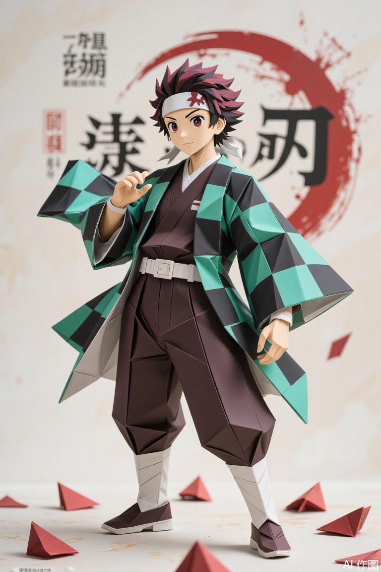 The image depicts a character standing in a dynamic pose, wearing a traditional Japanese kimono with a geometric pattern. The kimono is primarily green and black, with a white belt and brown pants. The character has spiky, reddish-brown hair and is adorned with a white headband. The background features a large circular emblem with Japanese characters, suggesting a connection to a specific cultural or fictional context. The ground is scattered with red geometric shapes, adding to the overall aesthetic. The character's outfit and the setting suggest a connection to a specific cultural or fictional narrative.