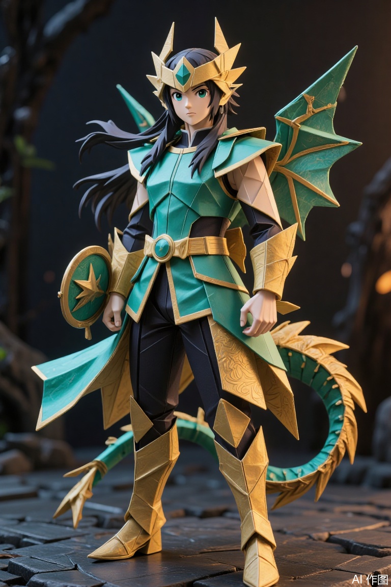 Liquid metal sacred clothing, Saint Seiya, long black hair, dragon helmet, dragon sacred clothing, green main color of armor, paired with golden texture, metallic green dragon wings behind, paired with golden texture, noble and gorgeous, small round shield on the wrist of the right hand, covers noble and gorgeous, and the background of the Dragon God is in a dark black tone.