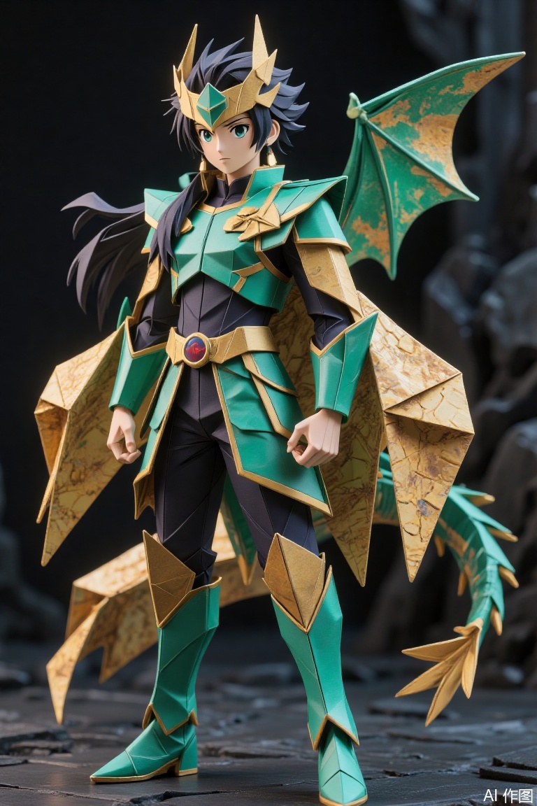 Liquid metal sacred clothing, Saint Seiya, long black hair, dragon helmet, dragon sacred clothing, green main color of armor, paired with golden texture, metallic green dragon wings behind, paired with golden texture, noble and gorgeous, small round shield on the wrist of the right hand, covers noble and gorgeous, and the background of the Dragon God is in a dark black tone.