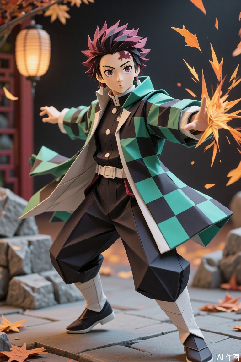 The image depicts a character in a dynamic pose, seemingly in the midst of an action. The character is wearing a green and black checkered cloak and a dark outfit with white trim. The character's hair is spiky and colored in shades of pink and purple. The background features a traditional setting with a lantern emitting a warm light, and there are autumn leaves scattered on the ground. The character's right arm is extended forward, and there are orange shards of energy or flames flying around their hand. The overall scene has a dramatic and action-packed feel.