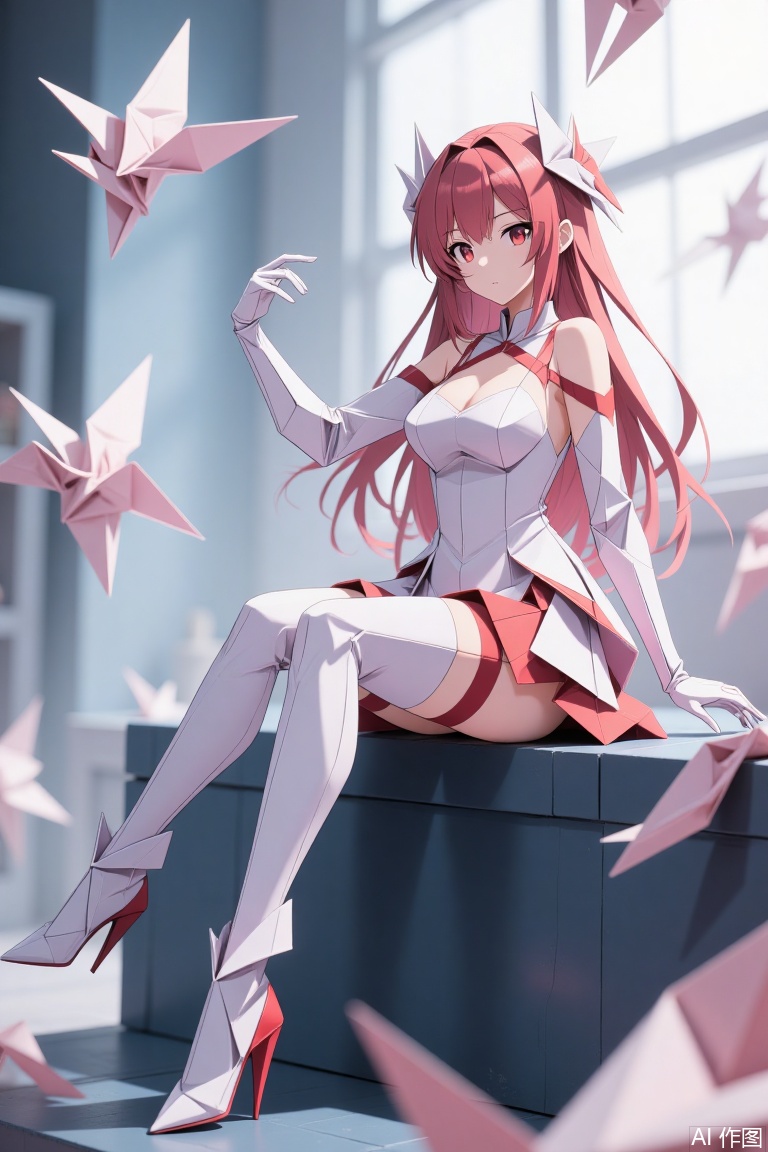 The image depicts a stylized anime-style character sitting on a dark blue block. The character has long red hair and is wearing a white and red outfit that includes a dress, gloves, and high-heeled boots. The character is surrounded by origami cranes, which are scattered around and floating in the air. The background is softly lit, with a large window allowing natural light to filter in, creating a serene and artistic atmosphere.