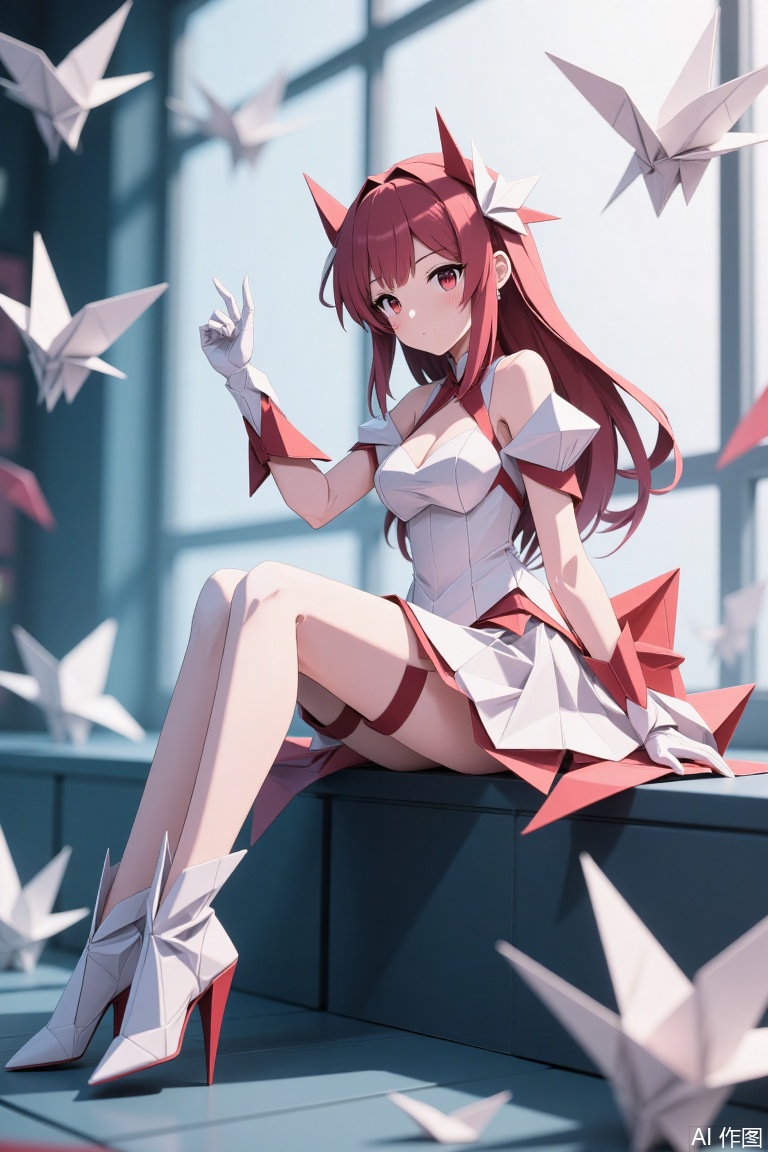 The image depicts a stylized anime-style character sitting on a dark blue block. The character has long red hair and is wearing a white and red outfit that includes a dress, gloves, and high-heeled boots. The character is surrounded by origami cranes, which are scattered around and floating in the air. The background is softly lit, with a large window allowing natural light to filter in, creating a serene and artistic atmosphere.
