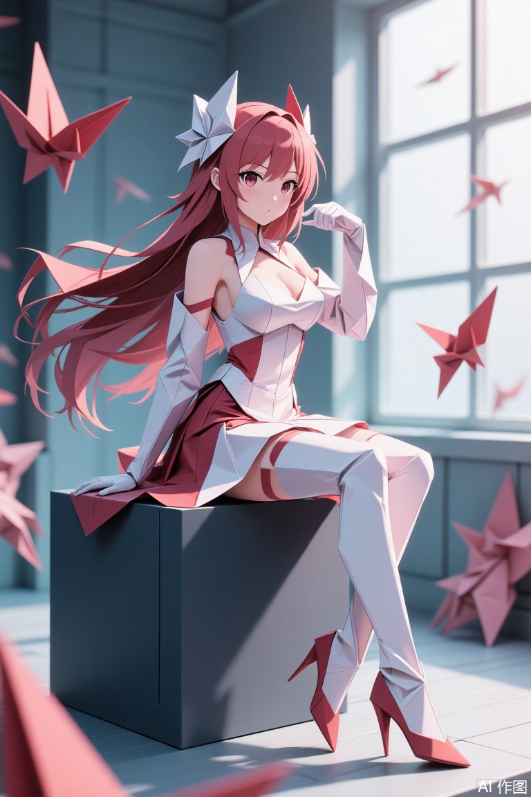The image depicts a stylized anime-style character sitting on a dark blue block. The character has long red hair and is wearing a white and red outfit that includes a dress, gloves, and high-heeled boots. The character is surrounded by origami cranes, which are scattered around and floating in the air. The background is softly lit, with a large window allowing natural light to filter in, creating a serene and artistic atmosphere.