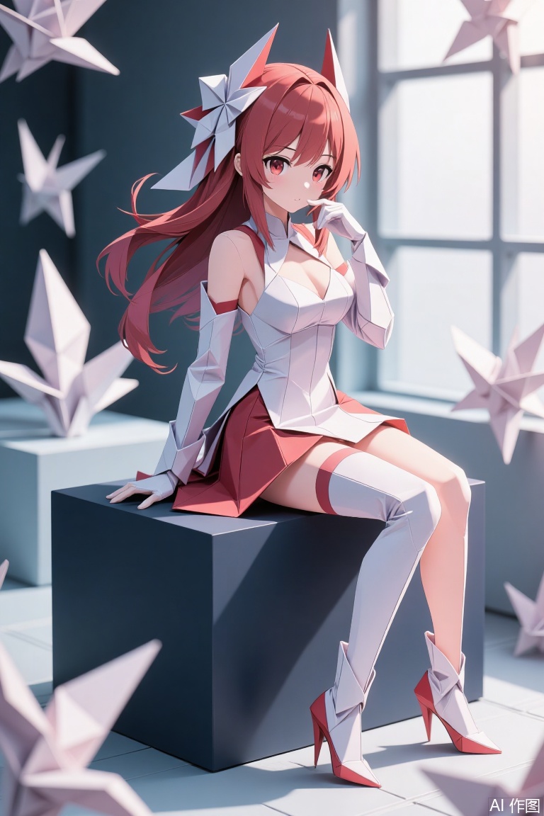 The image depicts a stylized anime-style character sitting on a dark blue block. The character has long red hair and is wearing a white and red outfit that includes a dress, gloves, and high-heeled boots. The character is surrounded by origami cranes, which are scattered around and floating in the air. The background is softly lit, with a large window allowing natural light to filter in, creating a serene and artistic atmosphere.