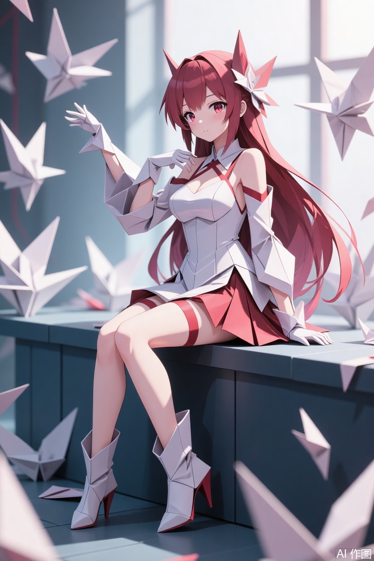 The image depicts a stylized anime-style character sitting on a dark blue block. The character has long red hair and is wearing a white and red outfit that includes a dress, gloves, and high-heeled boots. The character is surrounded by origami cranes, which are scattered around and floating in the air. The background is softly lit, with a large window allowing natural light to filter in, creating a serene and artistic atmosphere.