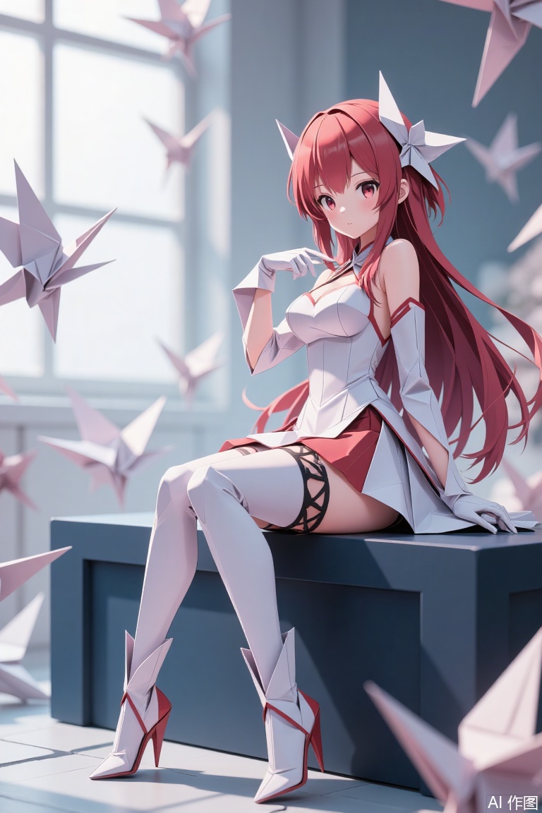 The image depicts a stylized anime-style character sitting on a dark blue block. The character has long red hair and is wearing a white and red outfit that includes a dress, gloves, and high-heeled boots. The character is surrounded by origami cranes, which are scattered around and floating in the air. The background is softly lit, with a large window allowing natural light to filter in, creating a serene and artistic atmosphere.