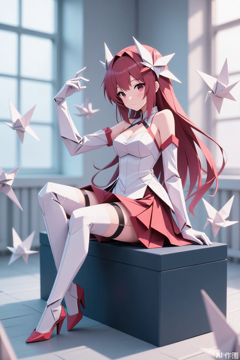 The image depicts a stylized anime-style character sitting on a dark blue block. The character has long red hair and is wearing a white and red outfit that includes a dress, gloves, and high-heeled boots. The character is surrounded by origami cranes, which are scattered around and floating in the air. The background is softly lit, with a large window allowing natural light to filter in, creating a serene and artistic atmosphere.