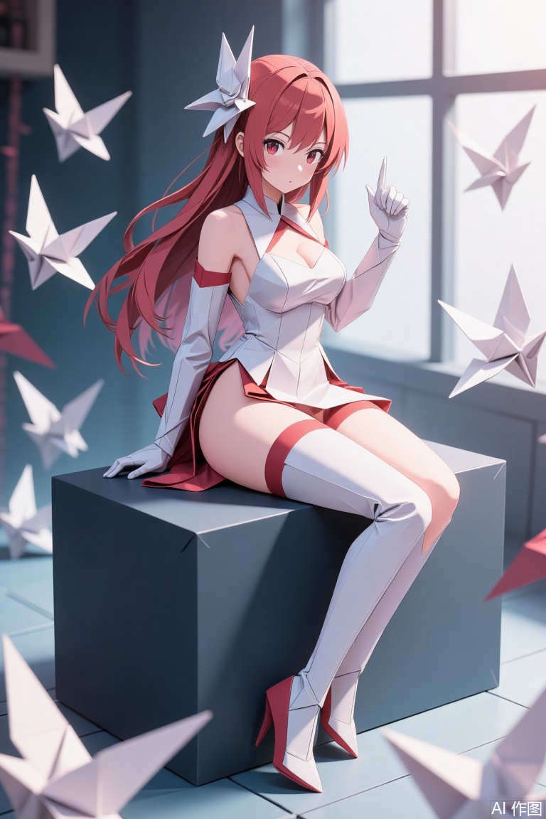 The image depicts a stylized anime-style character sitting on a dark blue block. The character has long red hair and is wearing a white and red outfit that includes a dress, gloves, and high-heeled boots. The character is surrounded by origami cranes, which are scattered around and floating in the air. The background is softly lit, with a large window allowing natural light to filter in, creating a serene and artistic atmosphere.