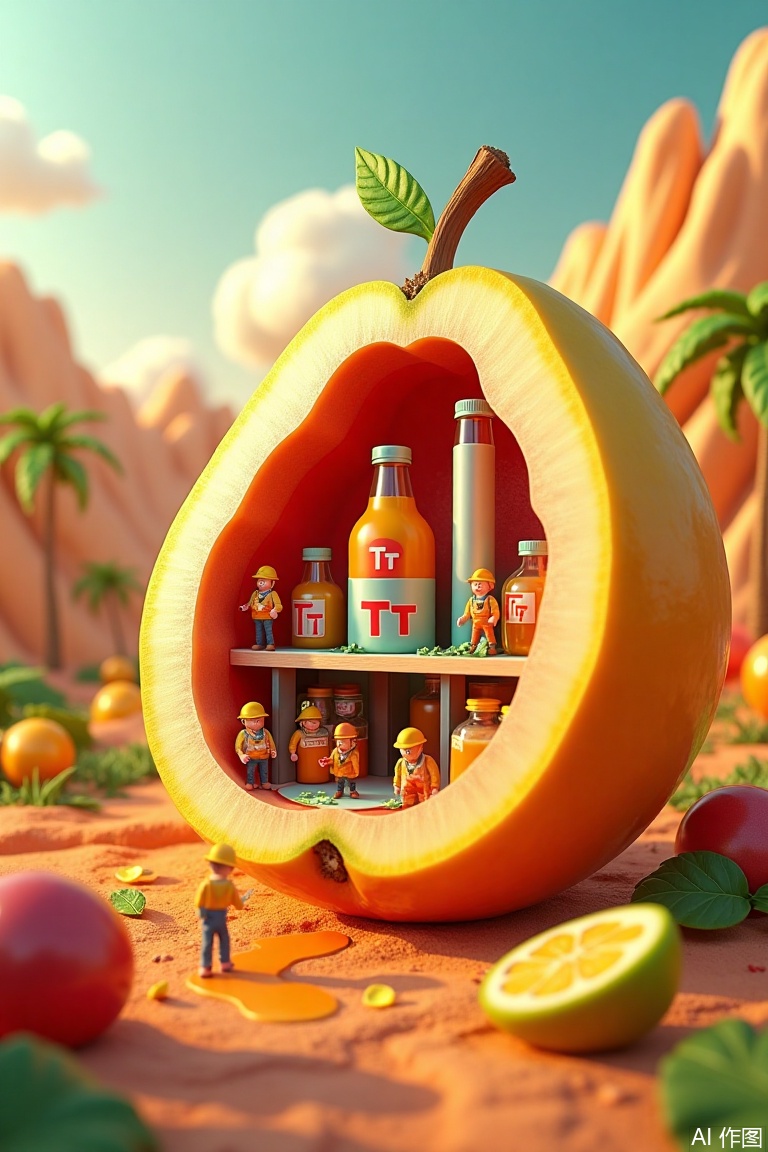 Vibrant miniature landscape with a gigantic fruit, halved to reveal a tiny 'TT' branded factory within. Inside, workers in 3D cartoon-style attire busily manufacture juice on an endless production line. Glass bottles flow continuously out of the factory, as far as the eye can see, amidst a world of bright colors, rich textures, and super-detailed rendering.