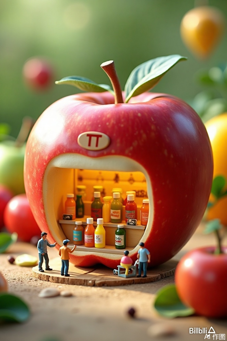 The image depicts a whimsical scene where a large, anthropomorphic apple serves as a storefront for a small, colorful juice shop. The storefront is labeled "TT" and has a conveyor belt filled with various colorful juice bottles. Inside the apple, miniature figurines of workers are busy attending to their tasks, including bottling and serving the juice. The setting is a blend of a real-world juice shop and a fantastical, oversized fruit, creating a playful and imaginative atmosphere. The background is softly blurred, featuring additional elements like green leaves and more fruits, enhancing the overall theme of freshness and natural ingredients. The logo "Bilibili AV" is visible in the bottom right corner, indicating the source or creator of the image.