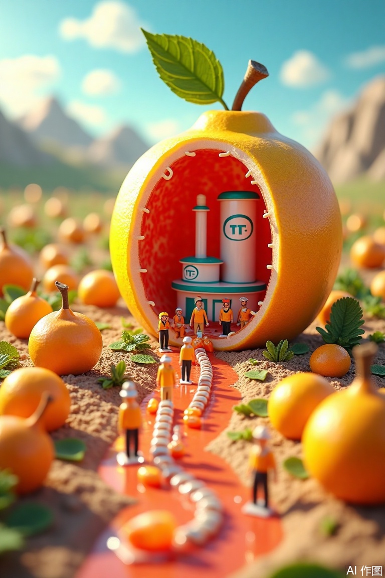 Vibrant miniature landscape with a gigantic fruit, halved to reveal a tiny 'TT' branded factory within. Inside, workers in 3D cartoon-style attire busily manufacture juice on an endless production line. Glass bottles flow continuously out of the factory, as far as the eye can see, amidst a world of bright colors, rich textures, and super-detailed rendering.