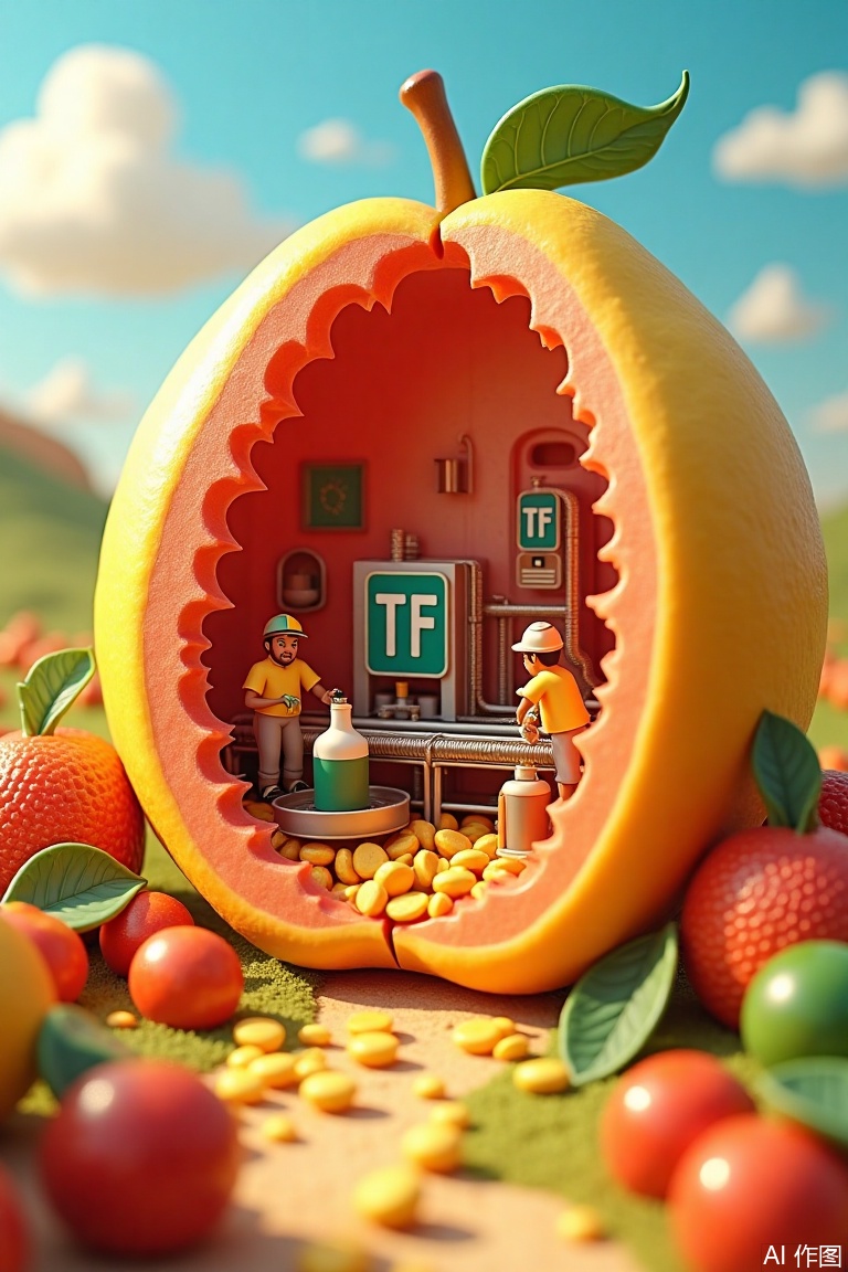 Vibrant miniature landscape with a gigantic fruit, halved to reveal a tiny 'TT' branded factory within. Inside, workers in 3D cartoon-style attire busily manufacture juice on an endless production line. Glass bottles flow continuously out of the factory, as far as the eye can see, amidst a world of bright colors, rich textures, and super-detailed rendering.
