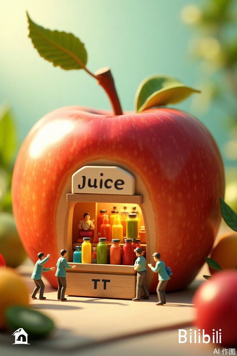 The image depicts a whimsical scene where a large, anthropomorphic apple serves as a storefront for a small, colorful juice shop. The storefront is labeled "TT" and has a conveyor belt filled with various colorful juice bottles. Inside the apple, miniature figurines of workers are busy attending to their tasks, including bottling and serving the juice. The setting is a blend of a real-world juice shop and a fantastical, oversized fruit, creating a playful and imaginative atmosphere. The background is softly blurred, featuring additional elements like green leaves and more fruits, enhancing the overall theme of freshness and natural ingredients. The logo "Bilibili AV" is visible in the bottom right corner, indicating the source or creator of the image.