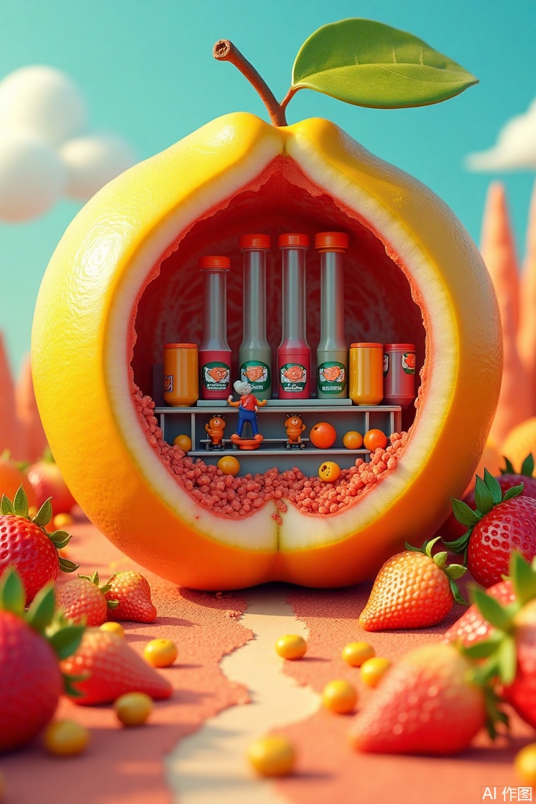 Vibrant miniature landscape with a gigantic fruit, halved to reveal a tiny 'TT' branded factory within. Inside, workers in 3D cartoon-style attire busily manufacture juice on an endless production line. Glass bottles flow continuously out of the factory, as far as the eye can see, amidst a world of bright colors, rich textures, and super-detailed rendering.