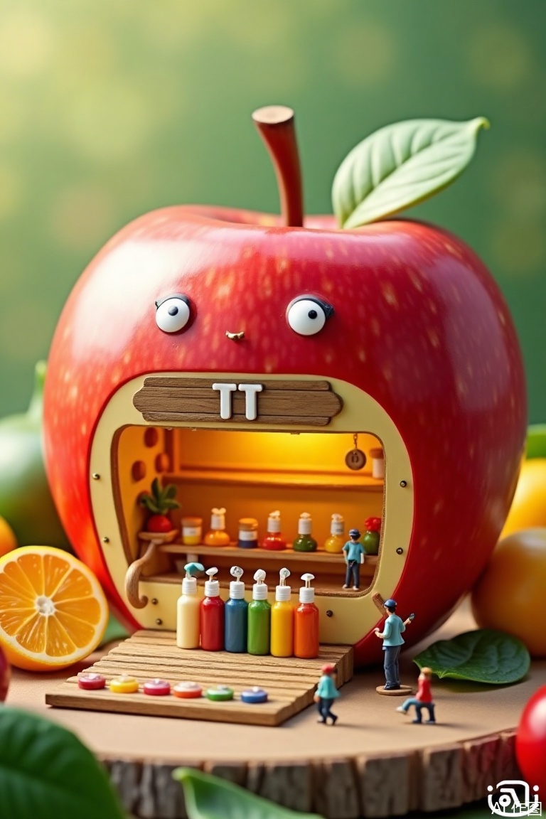 The image depicts a whimsical scene where a large, anthropomorphic apple serves as a storefront for a small, colorful juice shop. The storefront is labeled "TT" and has a conveyor belt filled with various colorful juice bottles. Inside the apple, miniature figurines of workers are busy attending to their tasks, including bottling and serving the juice. The setting is a blend of a real-world juice shop and a fantastical, oversized fruit, creating a playful and imaginative atmosphere. The background is softly blurred, featuring additional elements like green leaves and more fruits, enhancing the overall theme of freshness and natural ingredients. The logo "Bilibili AV" is visible in the bottom right corner, indicating the source or creator of the image.