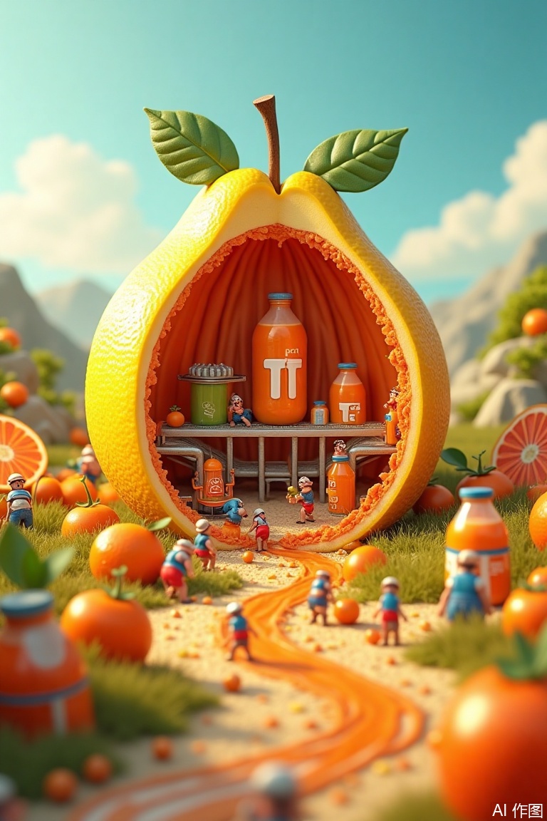 Vibrant miniature landscape with a gigantic fruit, halved to reveal a tiny 'TT' branded factory within. Inside, workers in 3D cartoon-style attire busily manufacture juice on an endless production line. Glass bottles flow continuously out of the factory, as far as the eye can see, amidst a world of bright colors, rich textures, and super-detailed rendering.