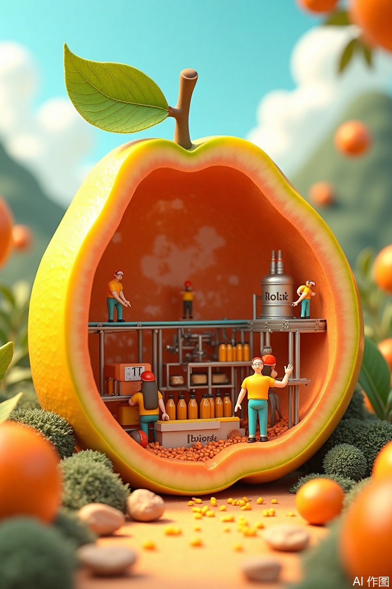 Vibrant miniature landscape with a gigantic fruit, halved to reveal a tiny 'TT' branded factory within. Inside, workers in 3D cartoon-style attire busily manufacture juice on an endless production line. Glass bottles flow continuously out of the factory, as far as the eye can see, amidst a world of bright colors, rich textures, and super-detailed rendering.