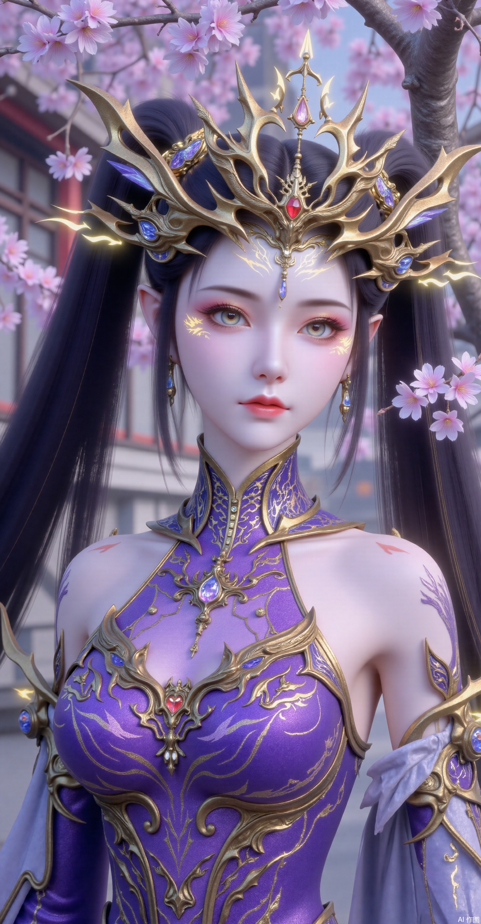 A majestic full-body portrait of a fantasy queen with dark hair in twin ponytails, wearing an elaborate golden crown and a cold, elegant expression. She dons ornate purple-and-gold armor accented with light blue, featuring highly detailed embroidery and fantasy motifs. The background is an outdoor scene with architecture, where she leans against a cherry blossom tree. Ultra-realistic 8K rendering.