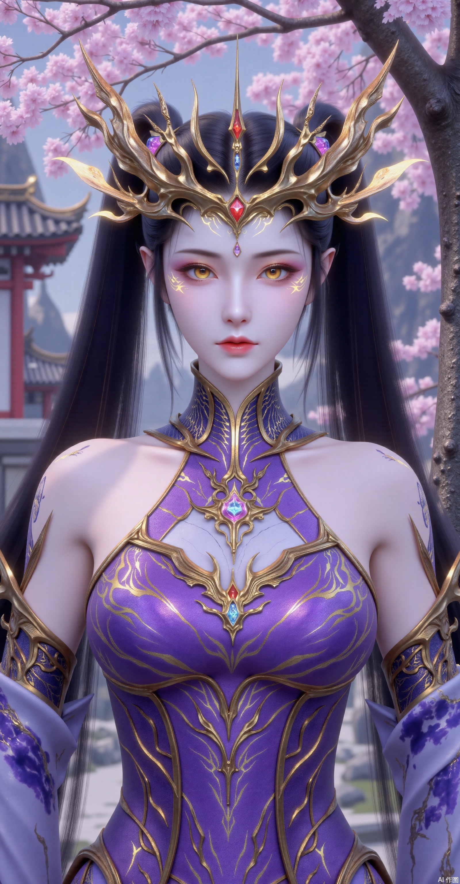 A majestic full-body portrait of a fantasy queen with dark hair in twin ponytails, wearing an elaborate golden crown and a cold, elegant expression. She dons ornate purple-and-gold armor accented with light blue, featuring highly detailed embroidery and fantasy motifs. The background is an outdoor scene with architecture, where she leans against a cherry blossom tree. Ultra-realistic 8K rendering.