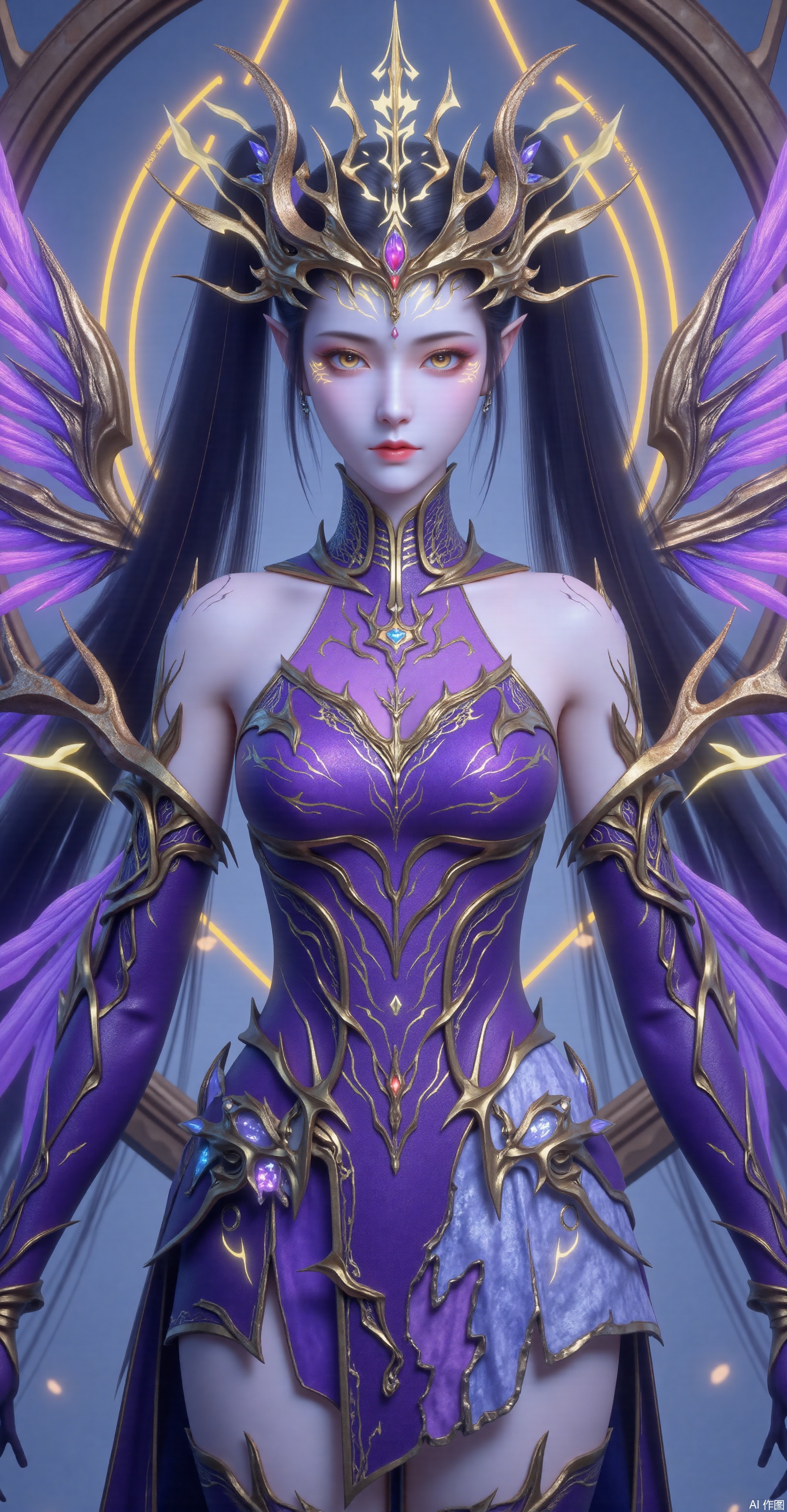 A majestic full-body portrait of a fantasy queen with black hair in twin ponytails, wearing an elaborate golden crown, a cold and elegant expression, ornate purple-gold armor accented with light blue, large metallic-purple feathered wings with decorative embellishments, highly detailed embroidery and fantasy motifs on her attire, set against a glowing blue-gold geometric portal background, rendered in ultra-realistic 8K.