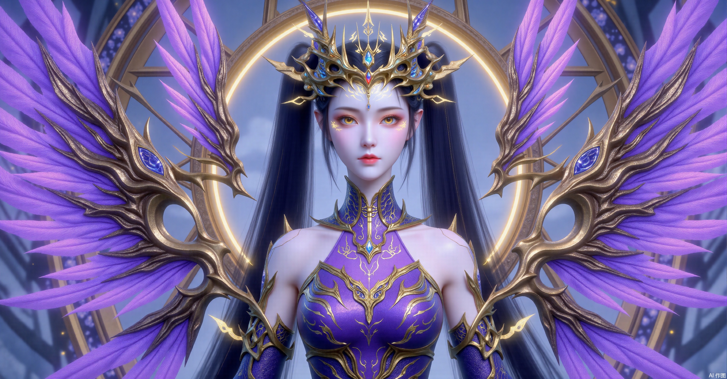 A majestic full-body portrait of a fantasy queen with black hair in twin ponytails, wearing an elaborate golden crown, a cold and elegant expression, ornate purple-gold armor accented with light blue, large metallic-purple feathered wings with decorative embellishments, highly detailed embroidery and fantasy motifs on her attire, set against a glowing blue-gold geometric portal background, rendered in ultra-realistic 8K.