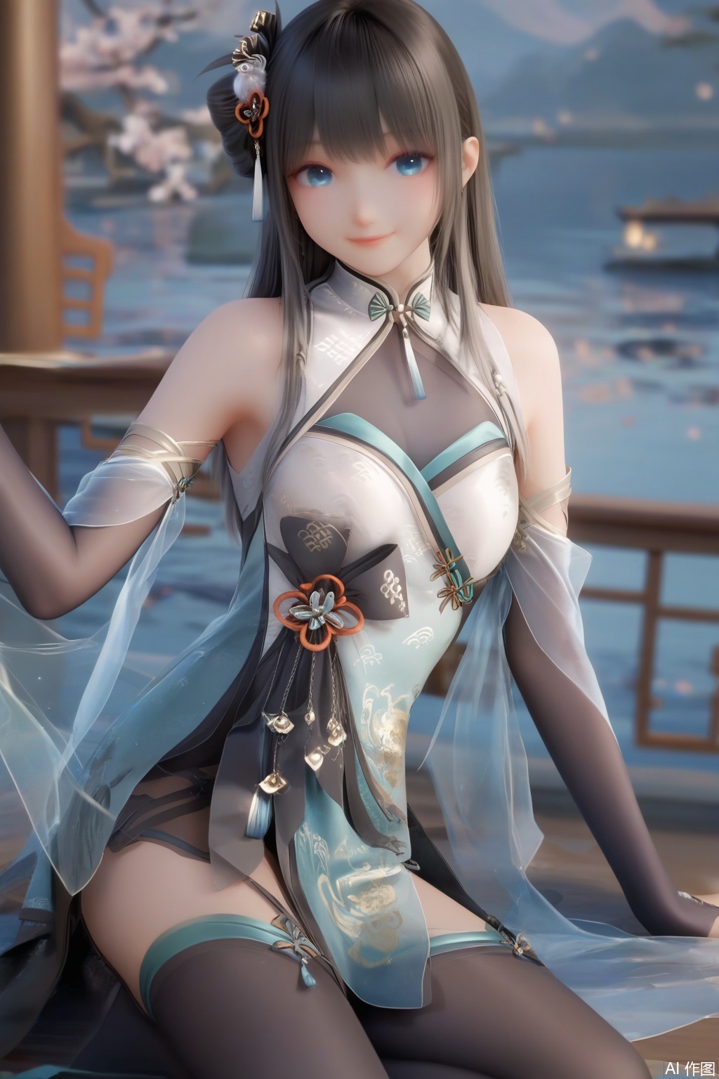 masterpiece, best quality, masterpiece,best quality,official art,extremely detailed CG unity 8k wallpaper,1girl,solo,long hair,looking at viewer,smile,bangs,blue eyes,black hair,hair ornament,gloves,elbow gloves,dress,see-through,bare shoulders,closed mouth,black thighhighs,chinese clothes,(fingers:1.3),hand