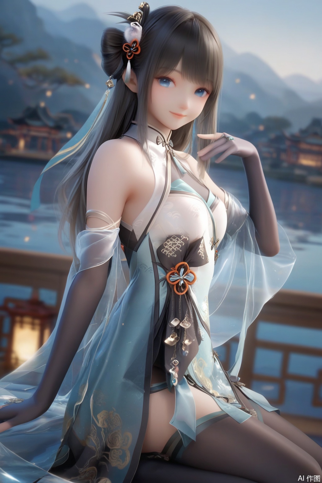 masterpiece, best quality, masterpiece,best quality,official art,extremely detailed CG unity 8k wallpaper,1girl,solo,long hair,looking at viewer,smile,bangs,blue eyes,black hair,hair ornament,gloves,elbow gloves,dress,see-through,bare shoulders,closed mouth,black thighhighs,chinese clothes,(fingers:1.3),hand