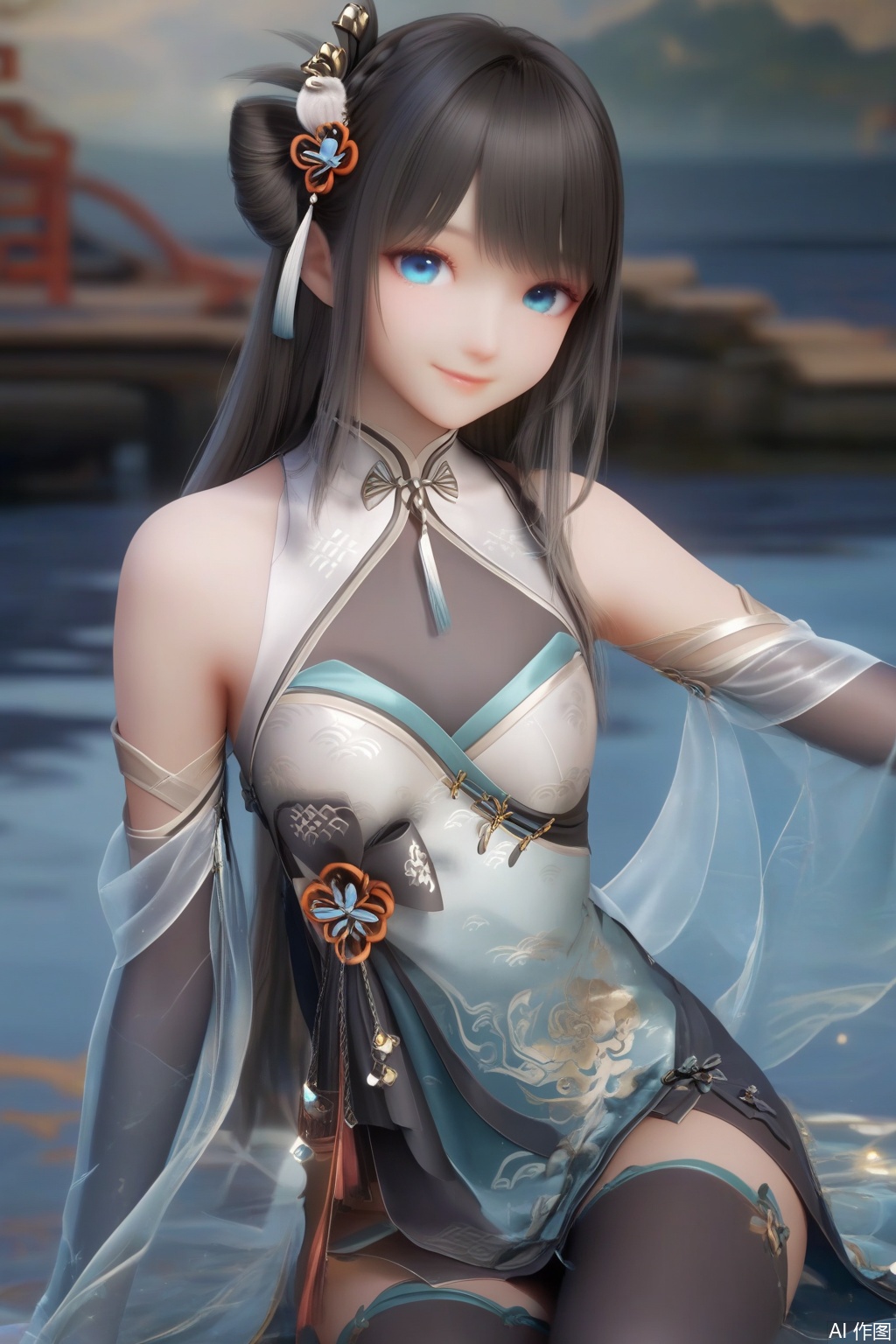 masterpiece, best quality, masterpiece,best quality,official art,extremely detailed CG unity 8k wallpaper,1girl,solo,long hair,looking at viewer,smile,bangs,blue eyes,black hair,hair ornament,gloves,elbow gloves,dress,see-through,bare shoulders,closed mouth,black thighhighs,chinese clothes,(fingers:1.3),hand