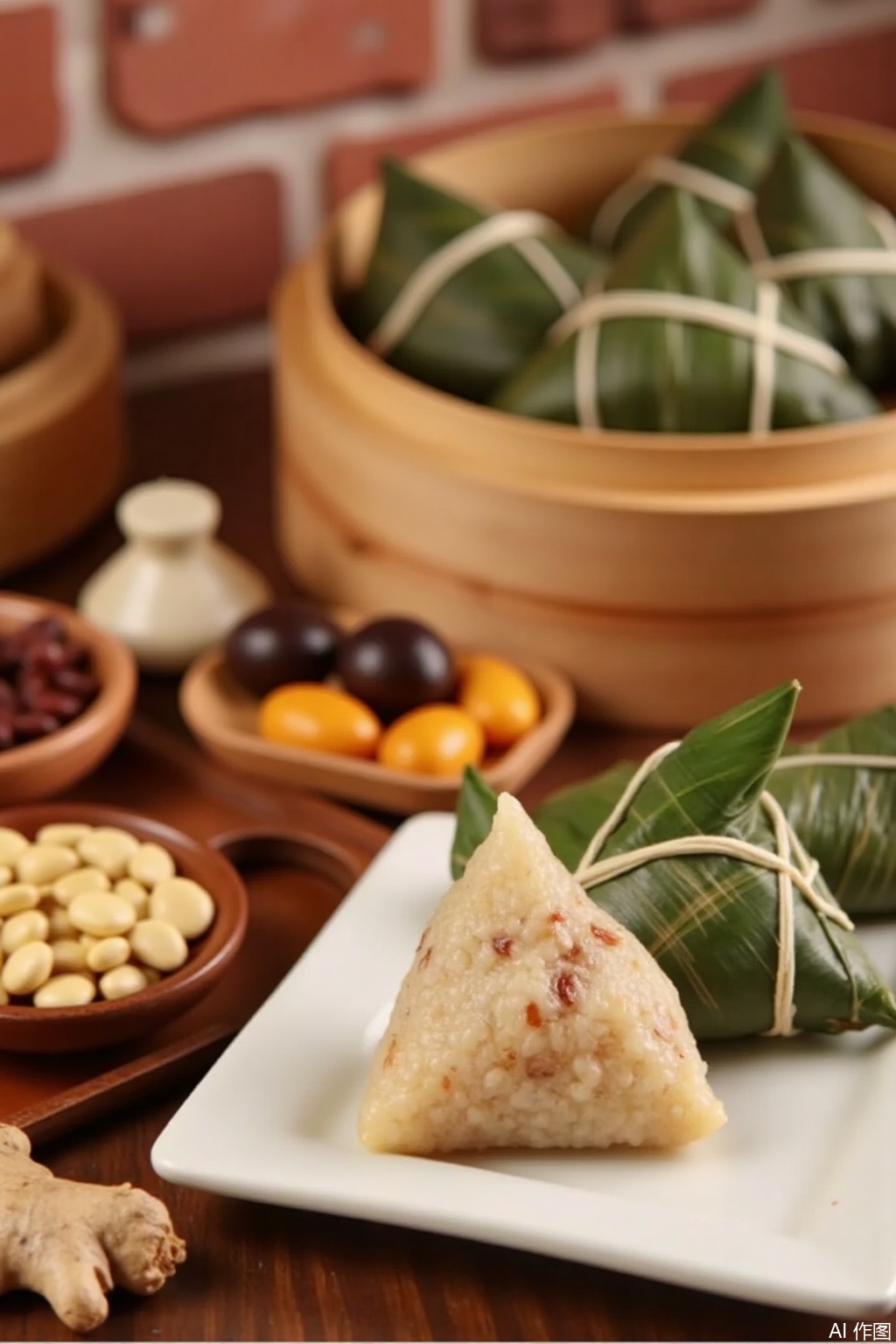 This image depicts a traditional Chinese rice cake called Zongzi wrapped in bamboo leaves. In the foreground there is a Zongzi placed on a whiteboard accompanied by a bamboo steamer basket containing more Zongzi. Zongzi is surrounded by various ingredients including dried fruits nuts and ginger arranged on a wooden tray. In the background there is a bamboo steamer filled with more Zongzi and the environment seems to be a simple warm environment possibly a kitchen or dining area with brick walls. 