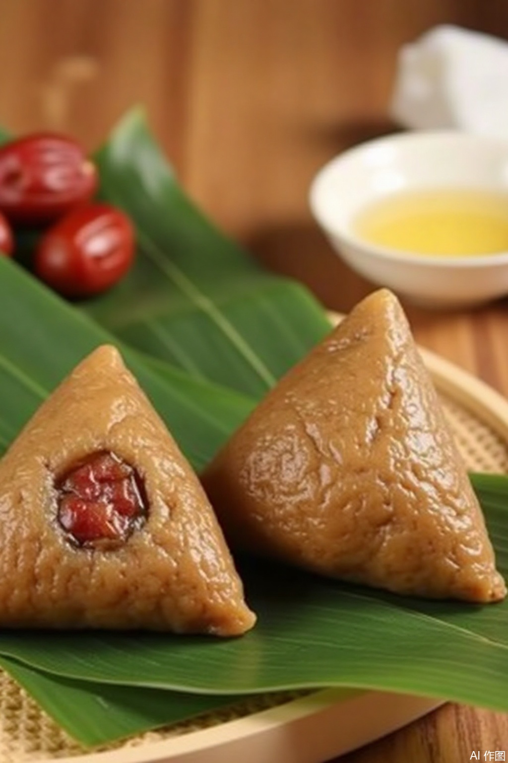 This image shows a close-up of two brown smooth Zongzi which are placed on green banana leaves. Each Zongzi has a small piece of red fruit which may be the date embedded in it. Zongzi is located on the left side of the image. A small white bowl contains yellow liquid which may be a syrup or sweetener and is placed behind them. On the left side of Zongzi there are two whole red dates on the green banana leaves. The background is a wooden surface and a white cloth is partially visible on the right side of the image. The entire environment seems to be a simple natural setting emphasizing the traditional nature of food.