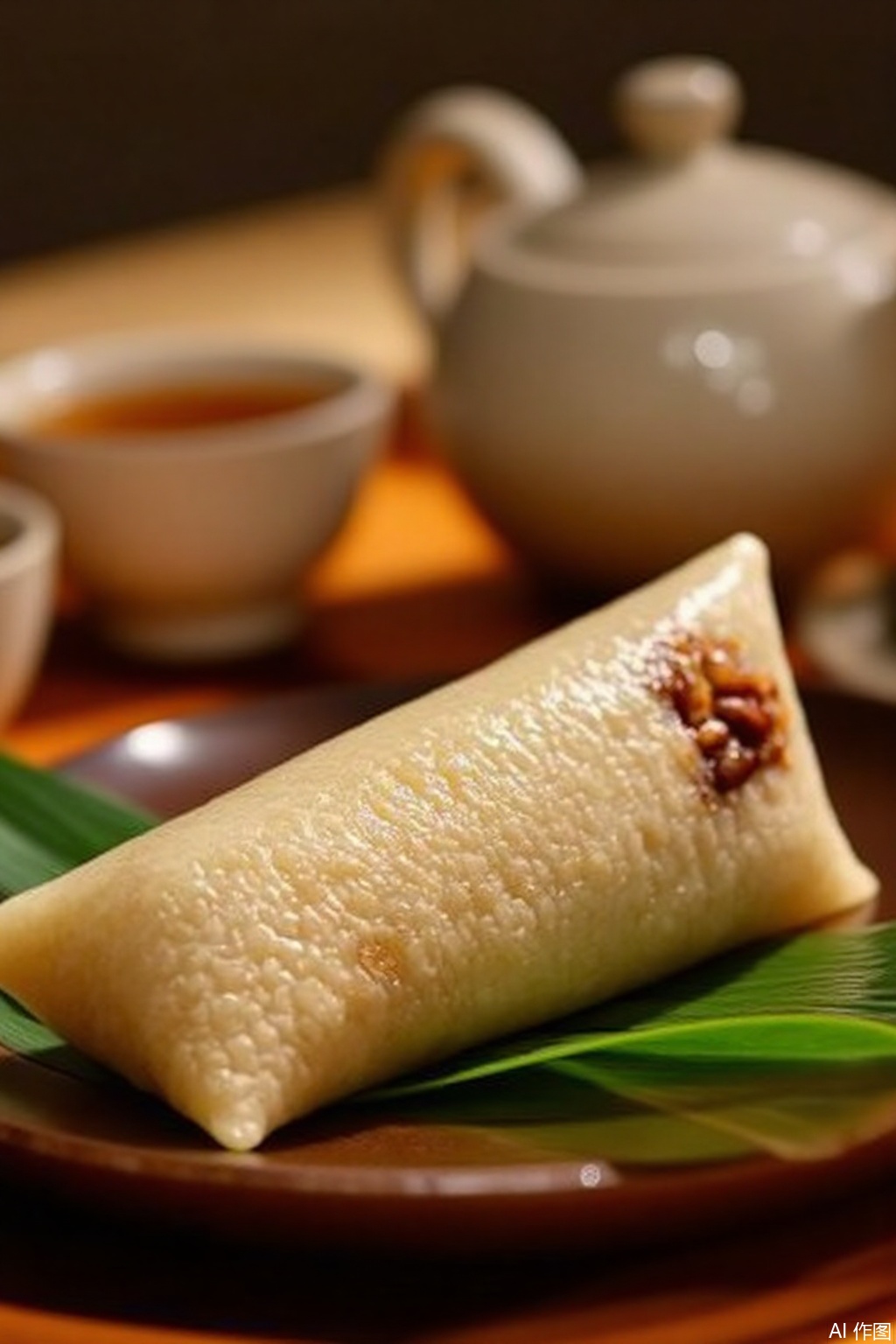 The image shows the traditional Zongzi on the green leaves on the board. Zongzi has a shiny surface with a small piece of nuts or similar ingredients on one side. In the background there is a blurry view of a teapot and a cup of tea implying tea time. The entire scene has a warm and enticing atmosphere emphasizing cultural and culinary aspects.