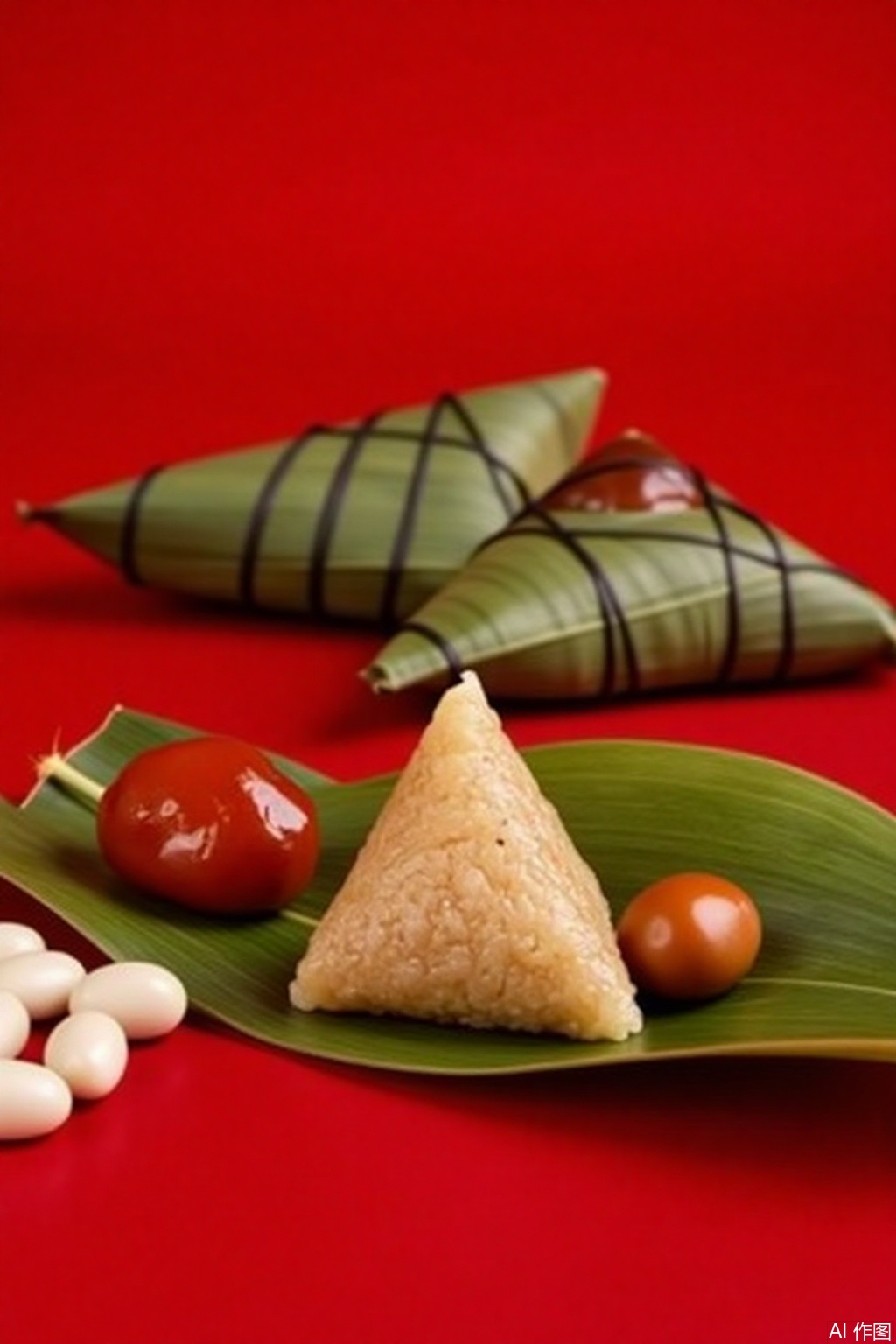 The figure shows a traditional Zongzi called zongzi placed on a banana leaf. The shape of Zongzi is like a triangle accompanied by two other items: a red jelly like object and a smooth chestnut. There are small white rice balls and a Zongzi on the banana leaves. In the background there are two green leaves wrapped with black ropes which seem to be traditional Chinese Zongzi. The setting is on a red background bringing a warm and festive feeling to the scene.