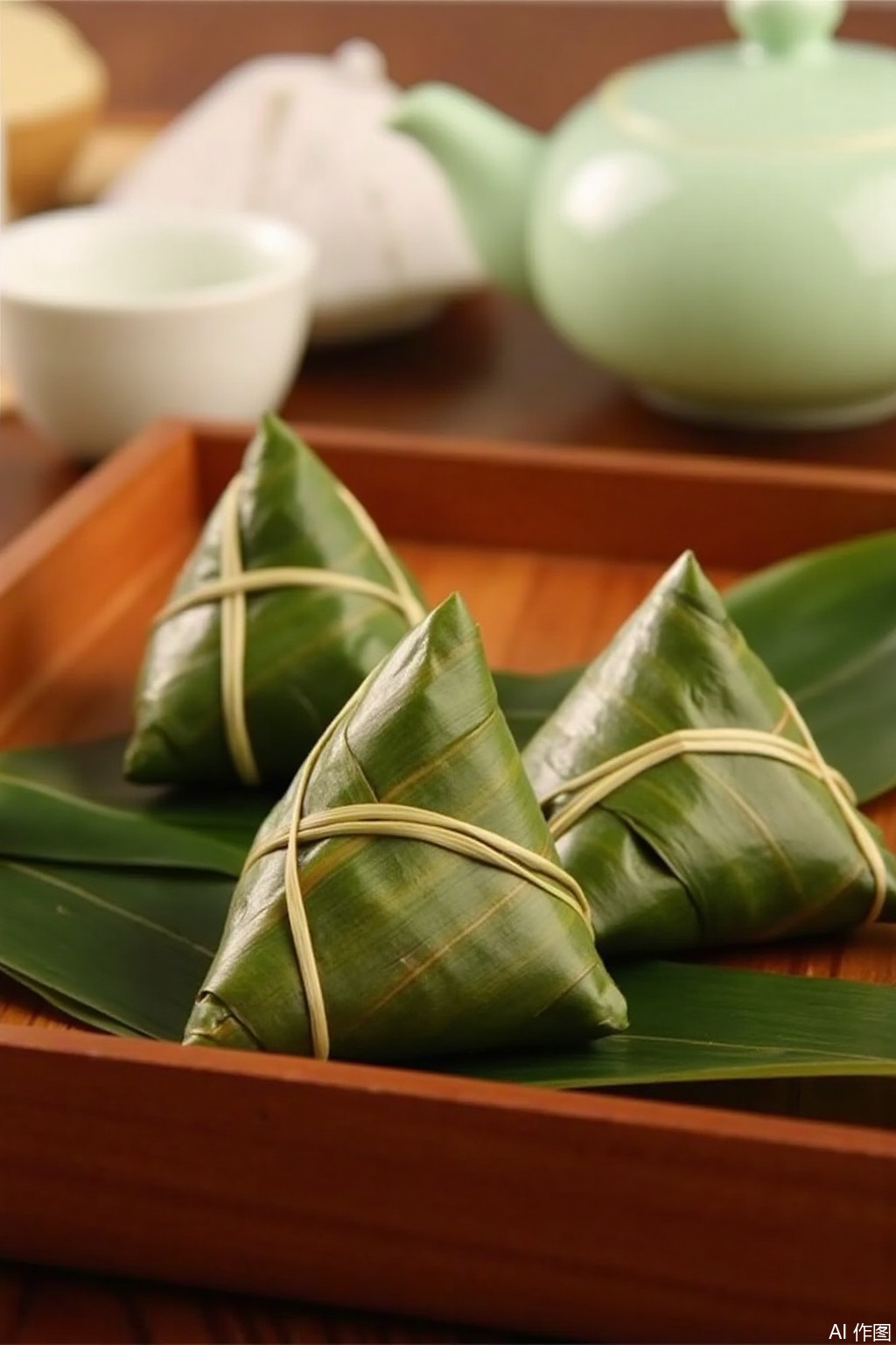 The figure shows a wooden tray with three green triangular Zongzi wrapped on leaves and tied together with thin materials. These may be traditional Chinese Zongzi. The tray is placed on a wooden surface and in the background there is a green teapot and a cup implying tea snacks.