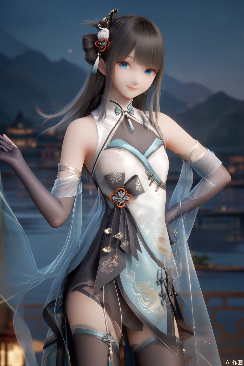 masterpiece, best quality, masterpiece,best quality,official art,extremely detailed CG unity 8k wallpaper,1girl,solo,long hair,looking at viewer,smile,bangs,blue eyes,black hair,hair ornament,gloves,elbow gloves,dress,see-through,bare shoulders,closed mouth,standing,black thighhighs,chinese clothes,fingers,hand