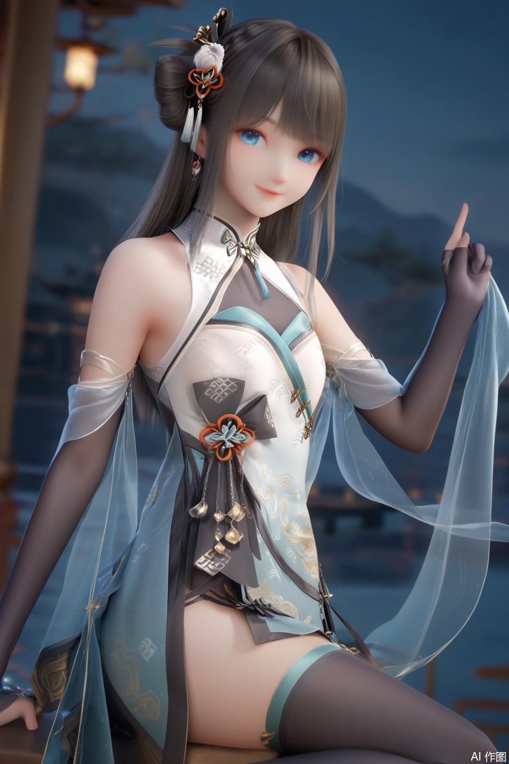 masterpiece, best quality, masterpiece,best quality,official art,extremely detailed CG unity 8k wallpaper,1girl,solo,long hair,looking at viewer,smile,bangs,blue eyes,black hair,hair ornament,gloves,elbow gloves,dress,see-through,bare shoulders,closed mouth,black thighhighs,chinese clothes,(fingers:1.3),hand