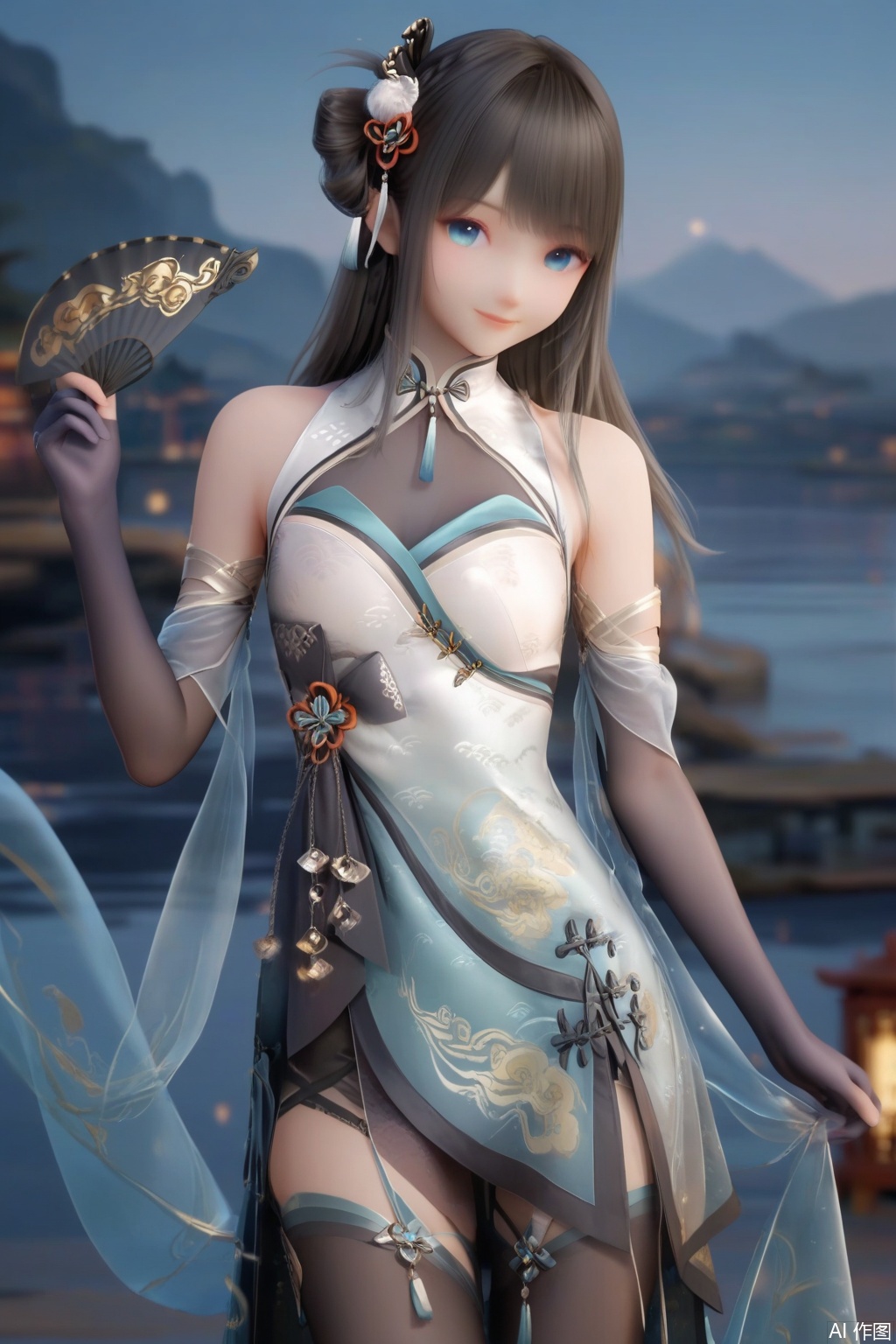 masterpiece, best quality, masterpiece,best quality,official art,extremely detailed CG unity 8k wallpaper,1girl,solo,long hair,looking at viewer,smile,bangs,blue eyes,black hair,hair ornament,gloves,elbow gloves,dress,see-through,bare shoulders,closed mouth,black thighhighs,chinese clothes,(fingers:1.3),hand