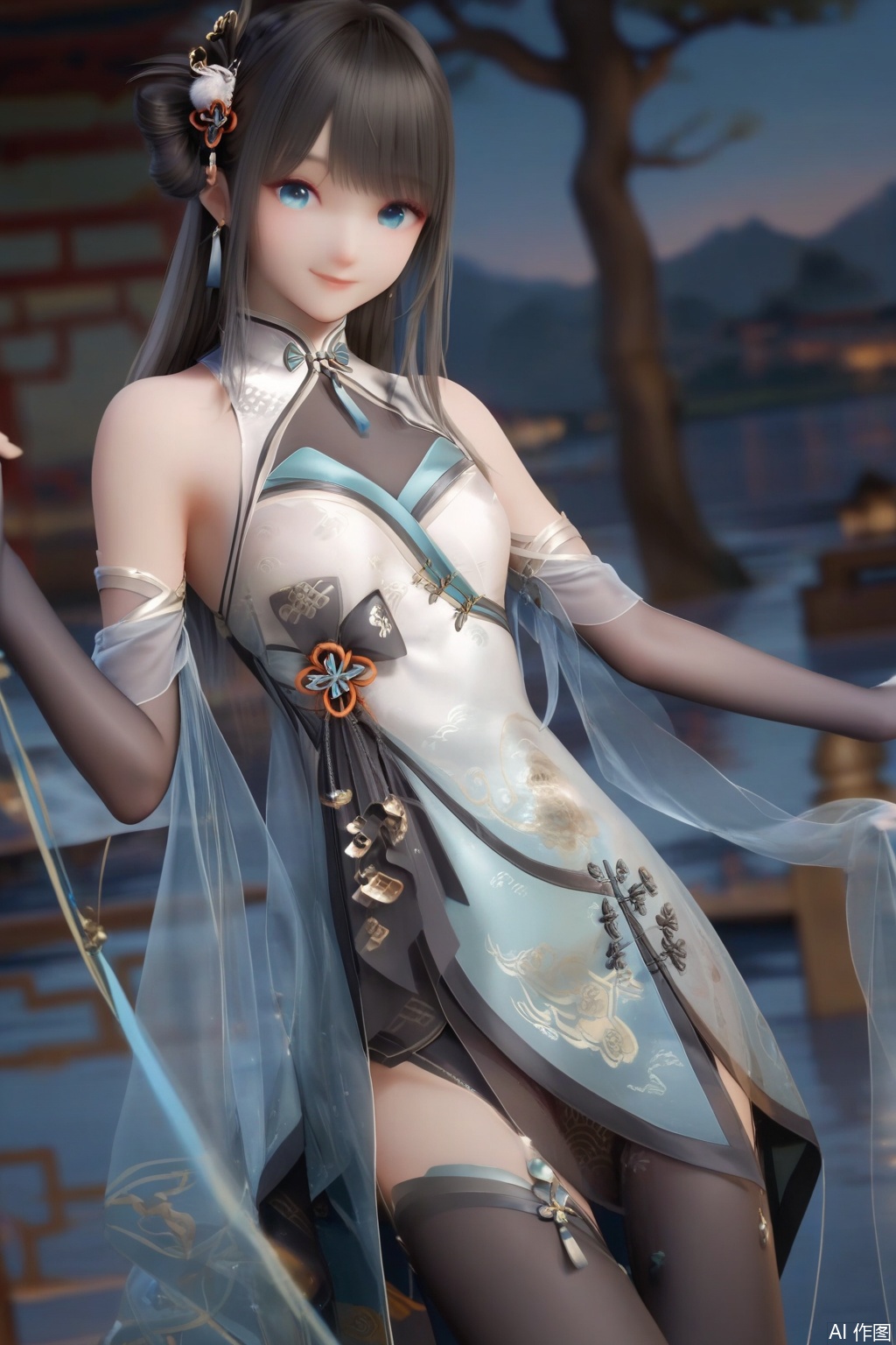 masterpiece, best quality, masterpiece,best quality,official art,extremely detailed CG unity 8k wallpaper,1girl,solo,long hair,looking at viewer,smile,bangs,blue eyes,black hair,hair ornament,gloves,elbow gloves,dress,see-through,bare shoulders,closed mouth,standing,black thighhighs,chinese clothes,fingers,hand