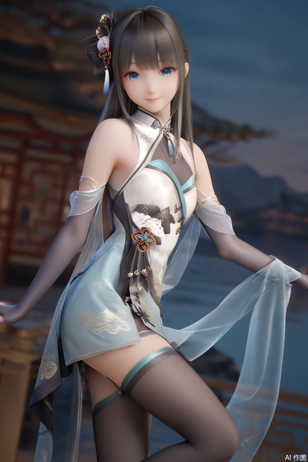 leg up,leg lift,masterpiece, best quality, masterpiece,best quality,official art,extremely detailed CG unity 8k wallpaper,1girl,solo,long hair,looking at viewer,smile,bangs,blue eyes,black hair,hair ornament,gloves,elbow gloves,dress,see-through,bare shoulders,closed mouth,black thighhighs,chinese clothes,(fingers:1.3),hand