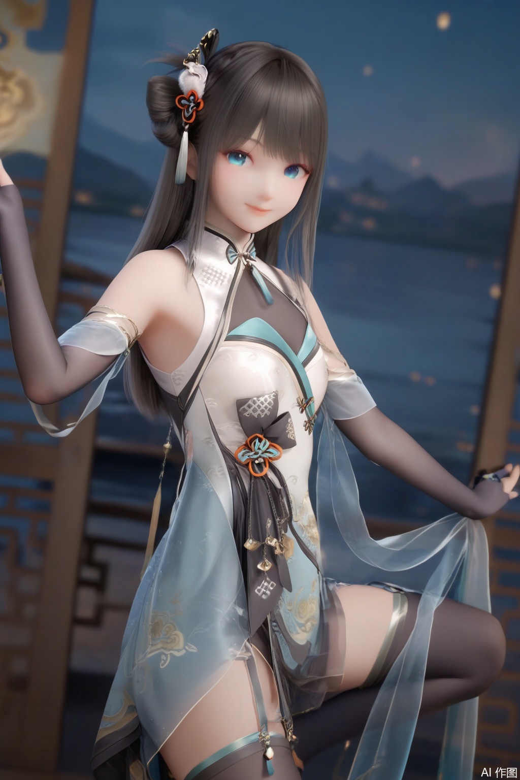 leg up,leg lift,masterpiece, best quality, masterpiece,best quality,official art,extremely detailed CG unity 8k wallpaper,1girl,solo,long hair,looking at viewer,smile,bangs,blue eyes,black hair,hair ornament,gloves,elbow gloves,dress,see-through,bare shoulders,closed mouth,black thighhighs,chinese clothes,(fingers:1.3),hand