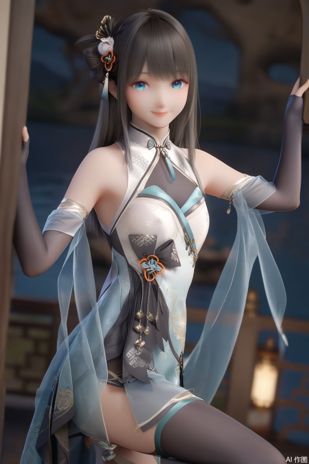 (leg up:1.3),masterpiece, best quality, masterpiece,best quality,official art,extremely detailed CG unity 8k wallpaper,1girl,solo,long hair,looking at viewer,smile,bangs,blue eyes,black hair,hair ornament,gloves,elbow gloves,dress,see-through,bare shoulders,closed mouth,black thighhighs,chinese clothes,(fingers:1.3),hand,grabbing