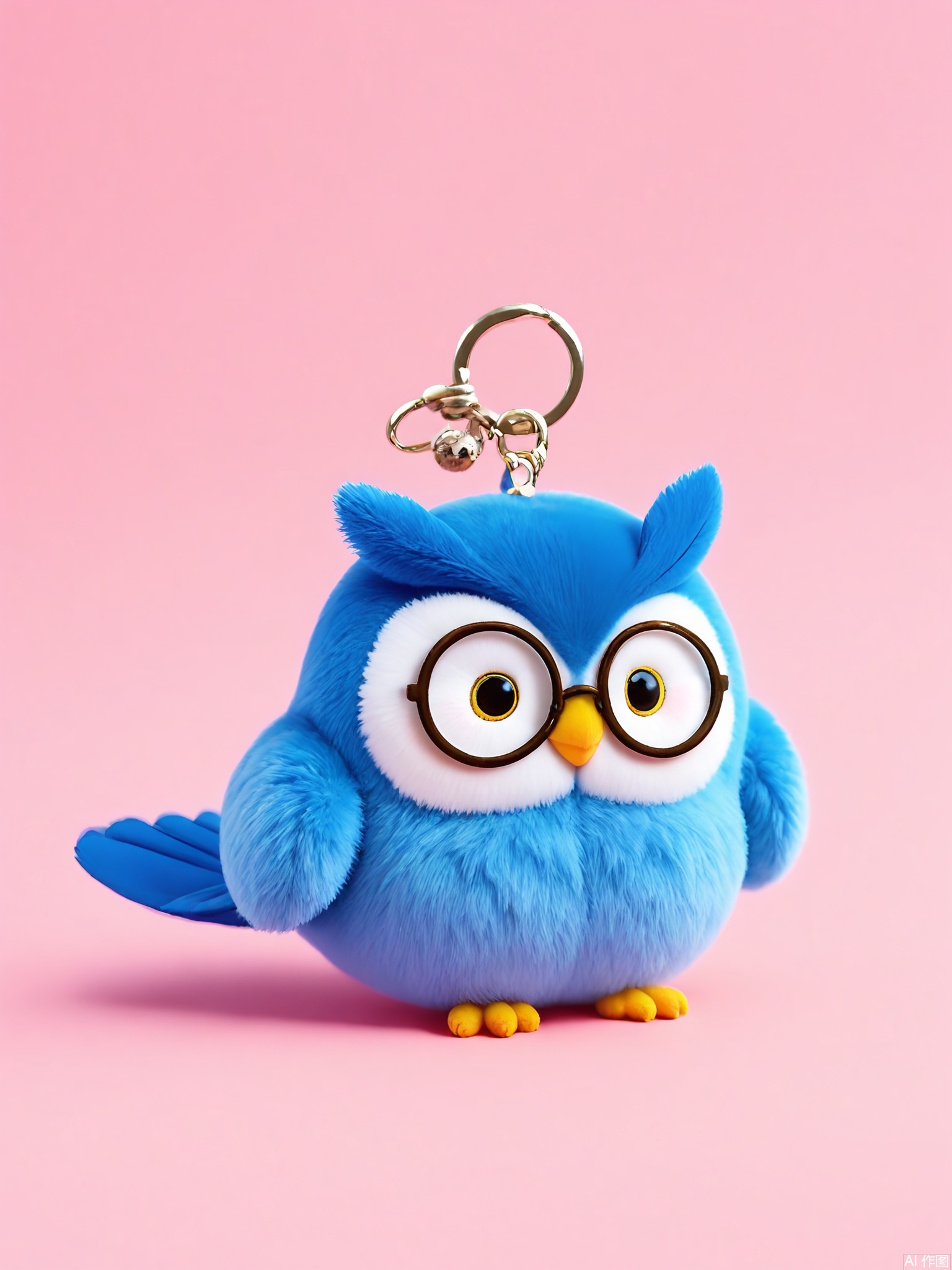 WOGJ, Image of a pastel-blue owl keychain with fluffy feathers, big round glasses, and a wise expression. The owl perches on a tiny branch charm, with a cream-colored background emphasizing its cozy, bookish vibe.

