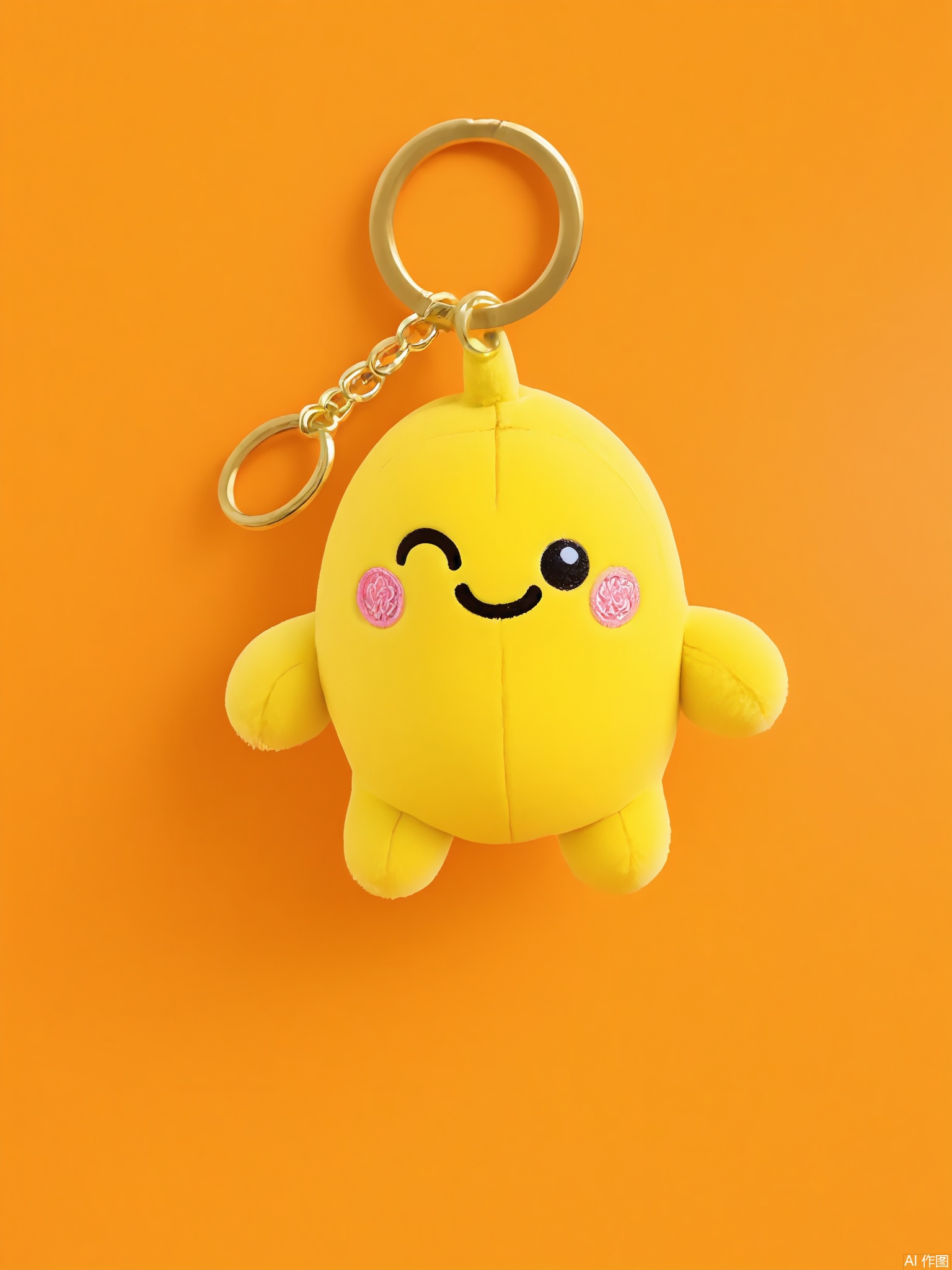 WOGJ, Picture of a smiling yellow banana keychain with a peel-shaped charm, embroidered details, and a playful wink. The banana dangles from a golden hoop against a tangerine-orange background, radiating fun energy.

