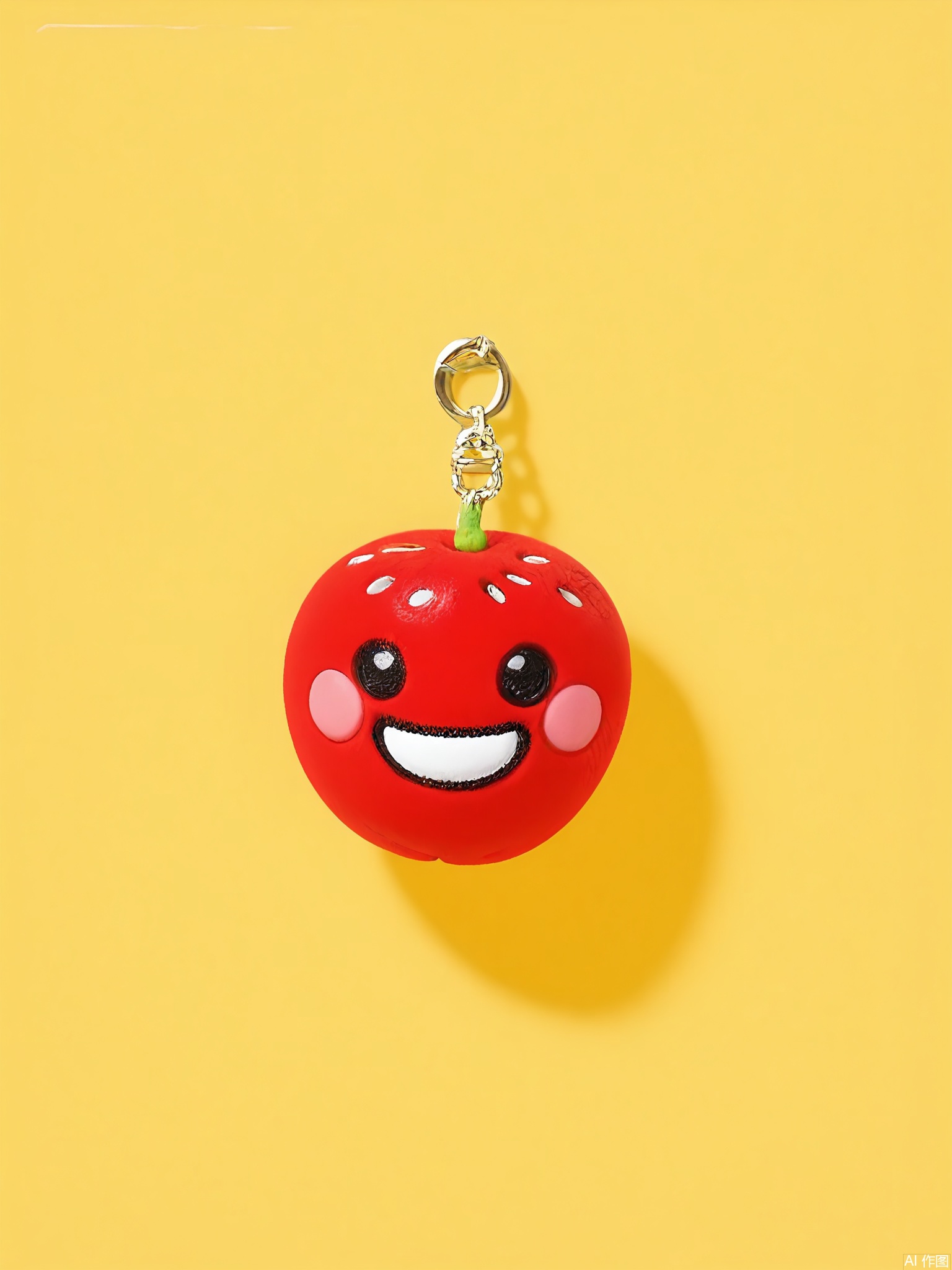 WOGJ, Snapshot of a cherry-red strawberry keychain with a glossy finish, textured seeds, and a cheerful grin. It wears a tiny golden crown and dangles from a heart-shaped clasp. The pastel-yellow background enhances its playful, fruity vibe.


