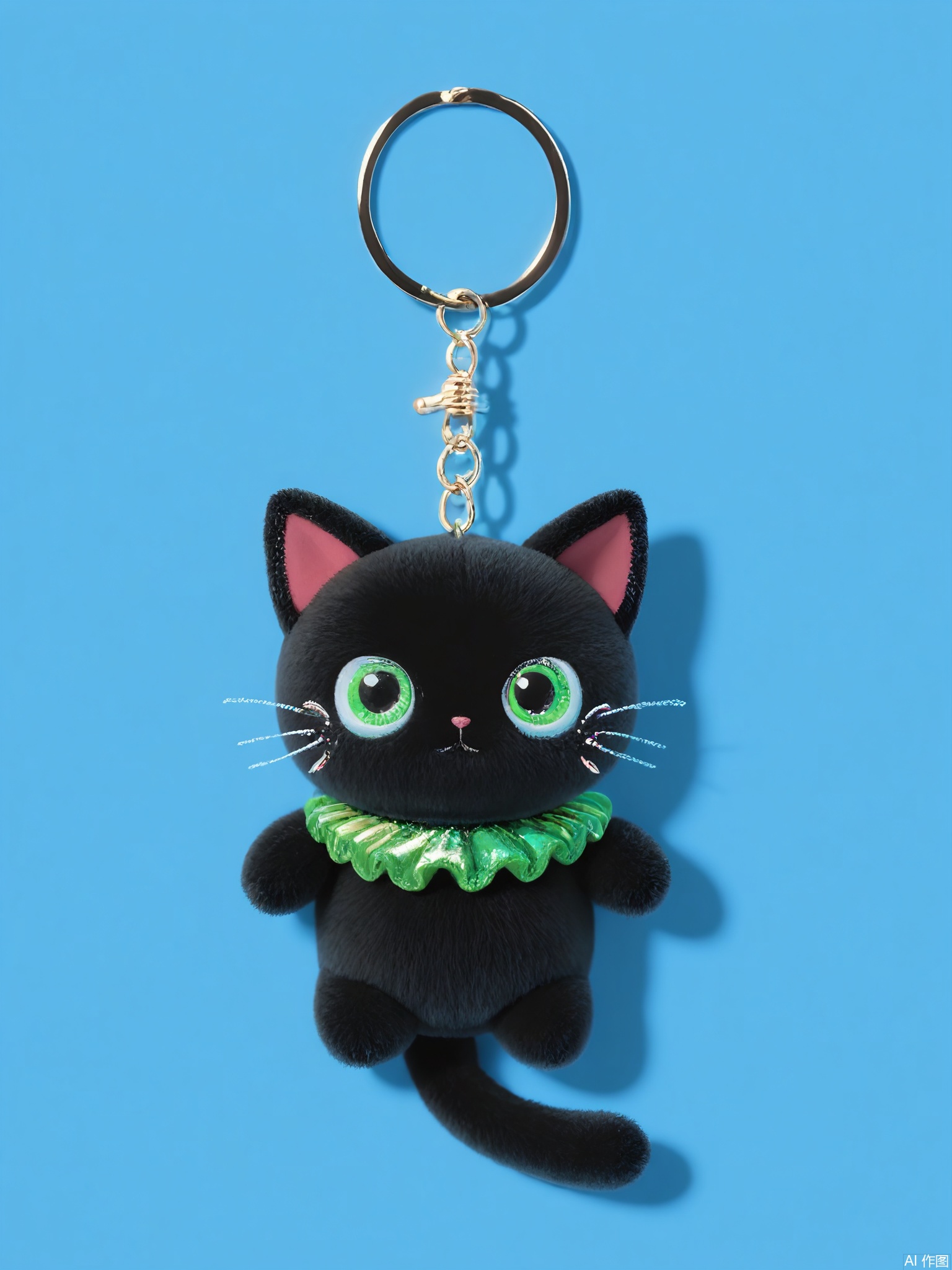WOGJ, Image of a glossy black cat keychain with embroidered whiskers, green sequin eyes, and a glittery collar. Its tail curls upward, and it hangs from a star-shaped keyring. A baby-blue background accentuates its sleek, modern design.

