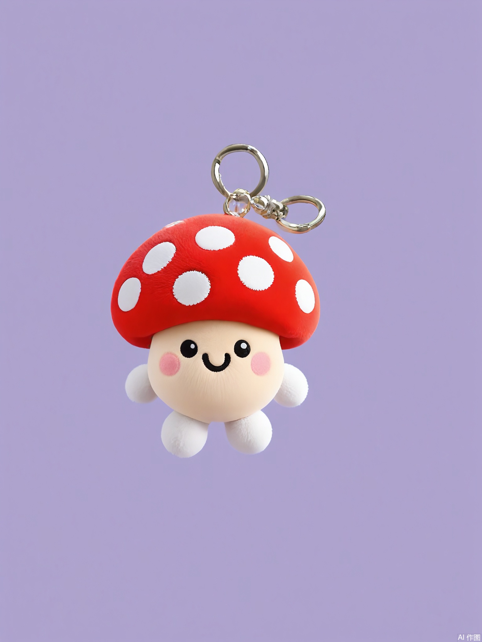 WOGJ, Snapshot of a polka-dot mushroom keychain with a red cap, white spots, and a friendly face. Its stem is textured like fabric, and it hangs from a leaf-shaped clasp. The lavender background adds a fairy-tale touch.

