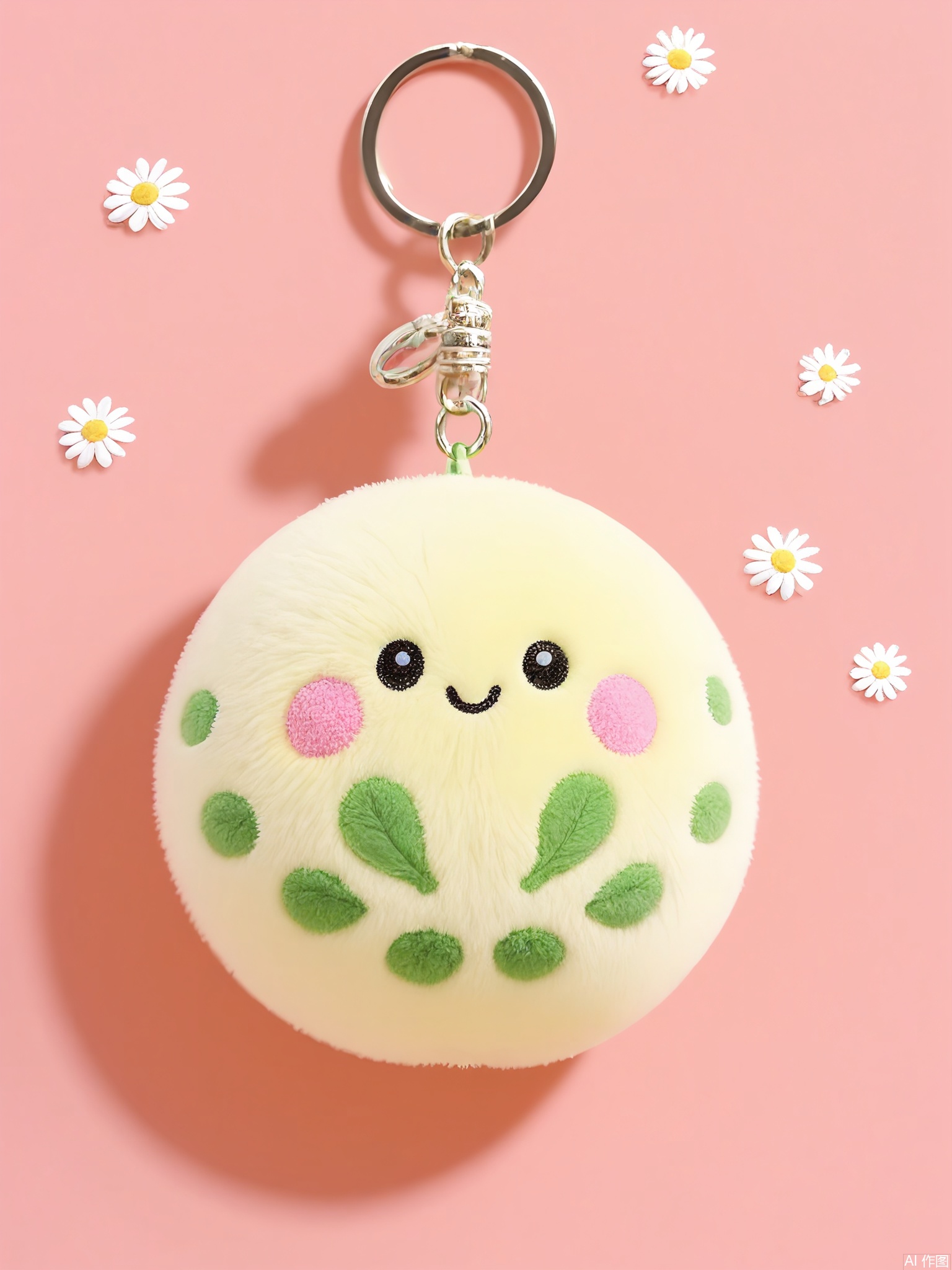 WOGJ, Picture of a fuzzy peach-colored peach keychain with a leafy stem, embroidered details, and a blushing cheek. It hangs from a daisy-shaped clasp against a soft-coral background, exuding sweetness.

